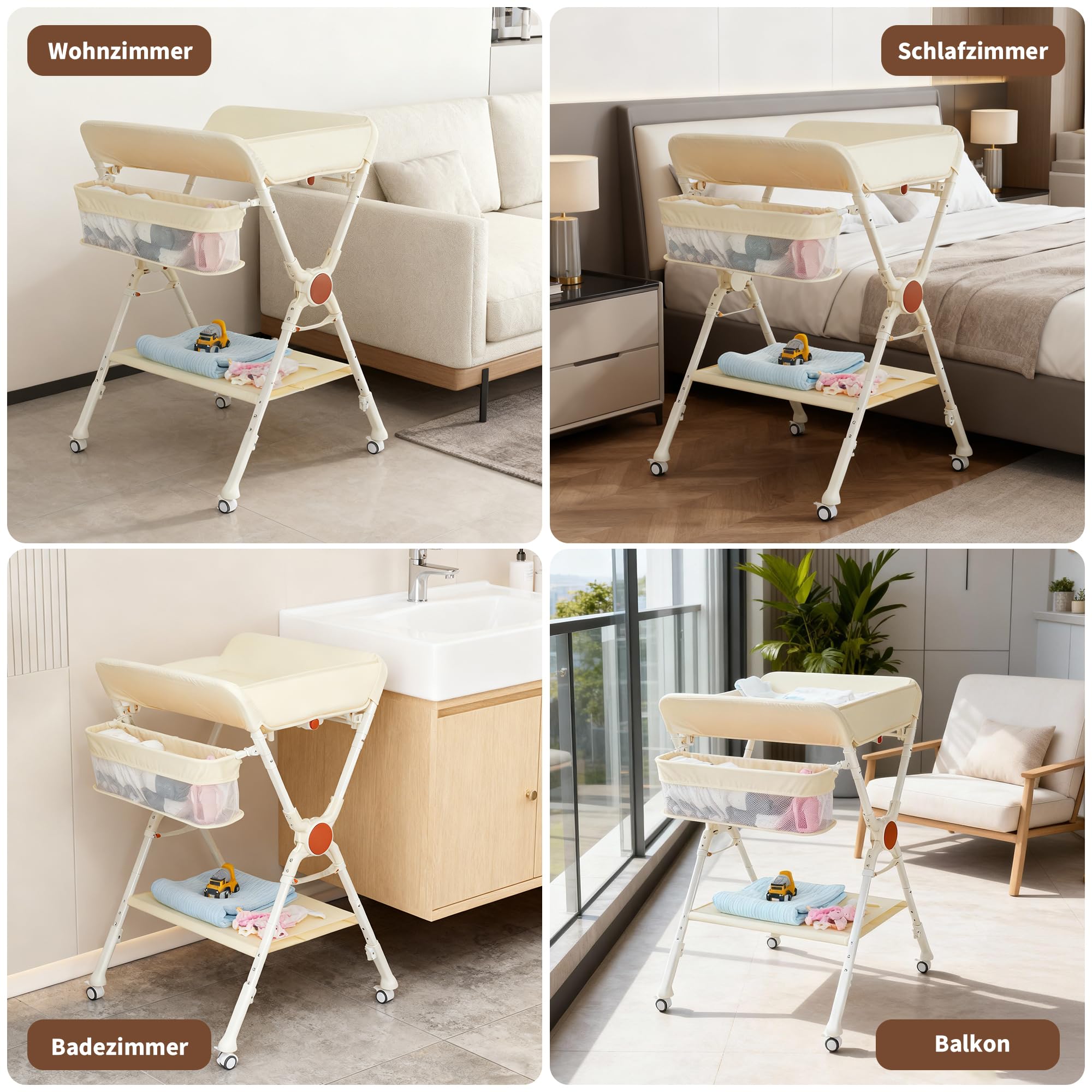 Aptliton Cambiador de bebé 69 x 68,8 x 107 cm, cambiador plegable de hierro y tela con cinturón de seguridad, cuatro ruedas con frenos y cesta lateral, altura ajustable para recién nacidos, B