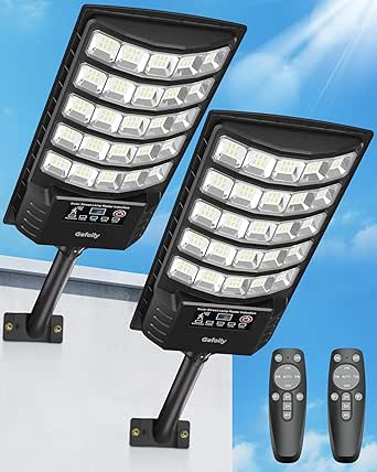 Gefolly Solar Street Lights Outdoor, 6500K Commercial Parking Lot Light Dusk to Dawn, IP68 Security Flood Lights with Motion Sensor Led Lamp for Warehouse, Road, Garden-2Pack