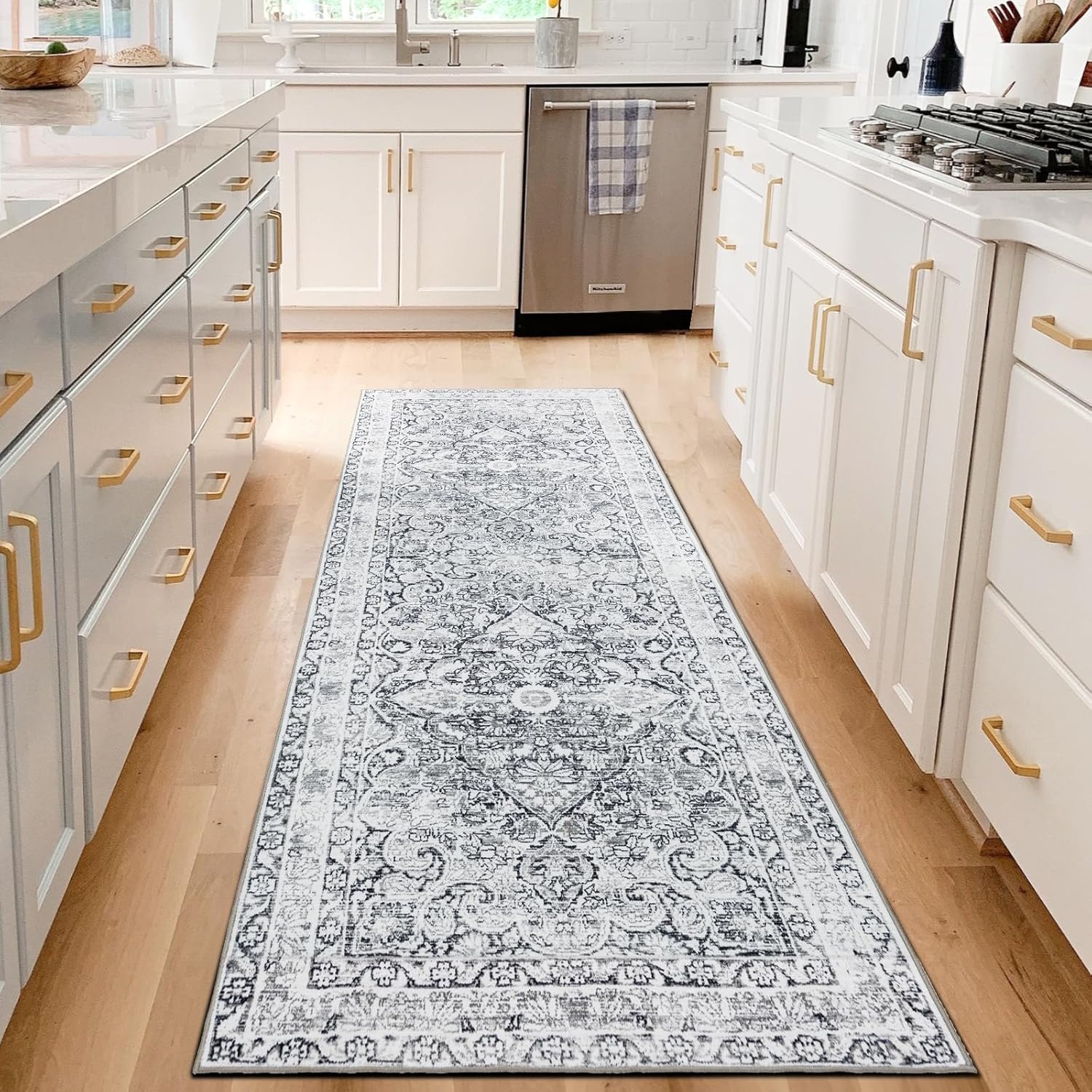 2x6 Hallway Washable Runner Rug : Vintage Soft Kitchen Bathroom Laundry Runner Non Slip Backing Farmhouse Entryway Floor Mat Stain Resistant Carpet for Bedroom Living Room Distressd Beside Rug(Gray)