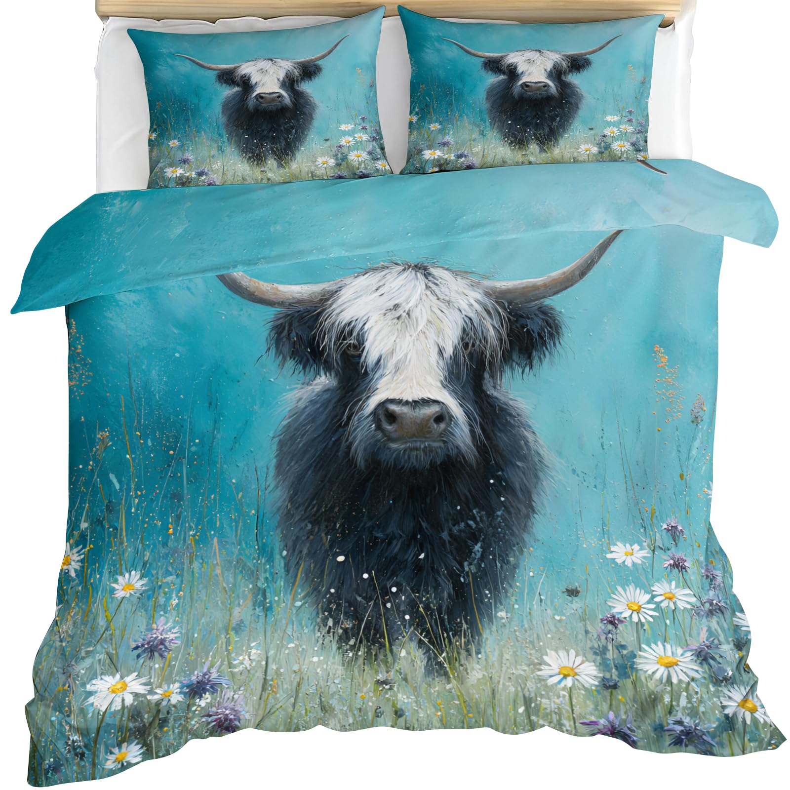 YEMYOR Highland Cow Duvet Cover 230x220 cm, Rustic Floral Bedding Set, Farmhouse Wild Animal Bull Comforter Cover with Hidden Zipper