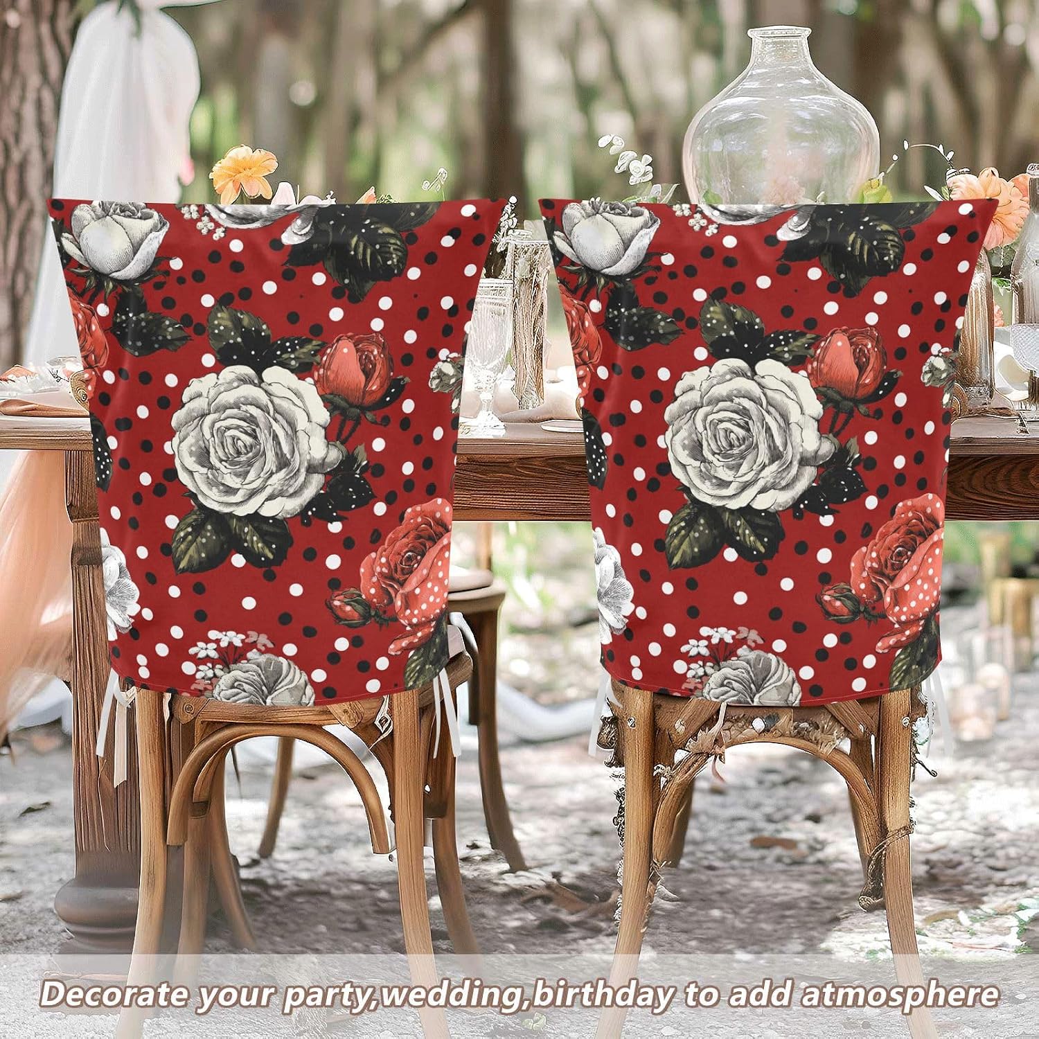 ALAZA Retro Roses Polka Dots Chair Back Cover Set of 6, Washable Reusable Removable Chair Slipcovers Decorative Chair Cover for Home Kitchen Wedding Party