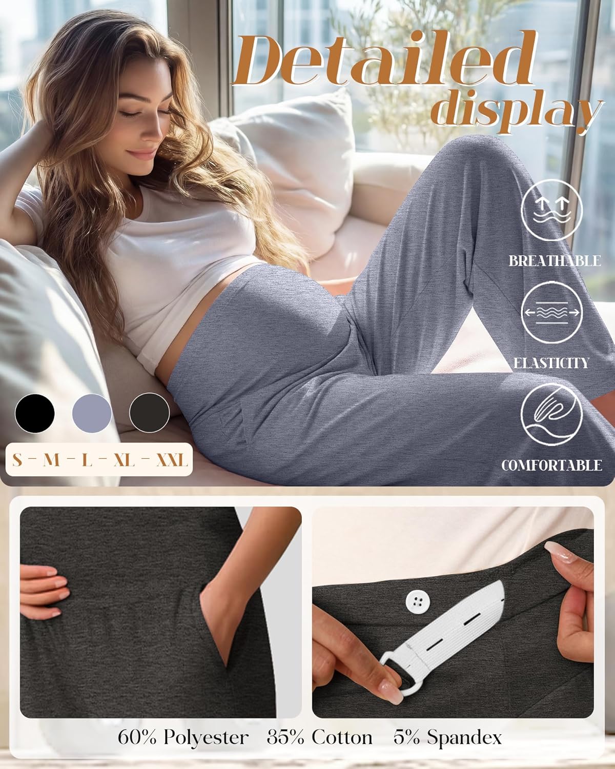 3 Pack Women's Maternity Pants Loose Wide Leg Pregnancy Sweatpants Over the Belly Lounge Pants Pajama with Pockets(Black, Cold Gray, Black Gray,Small)