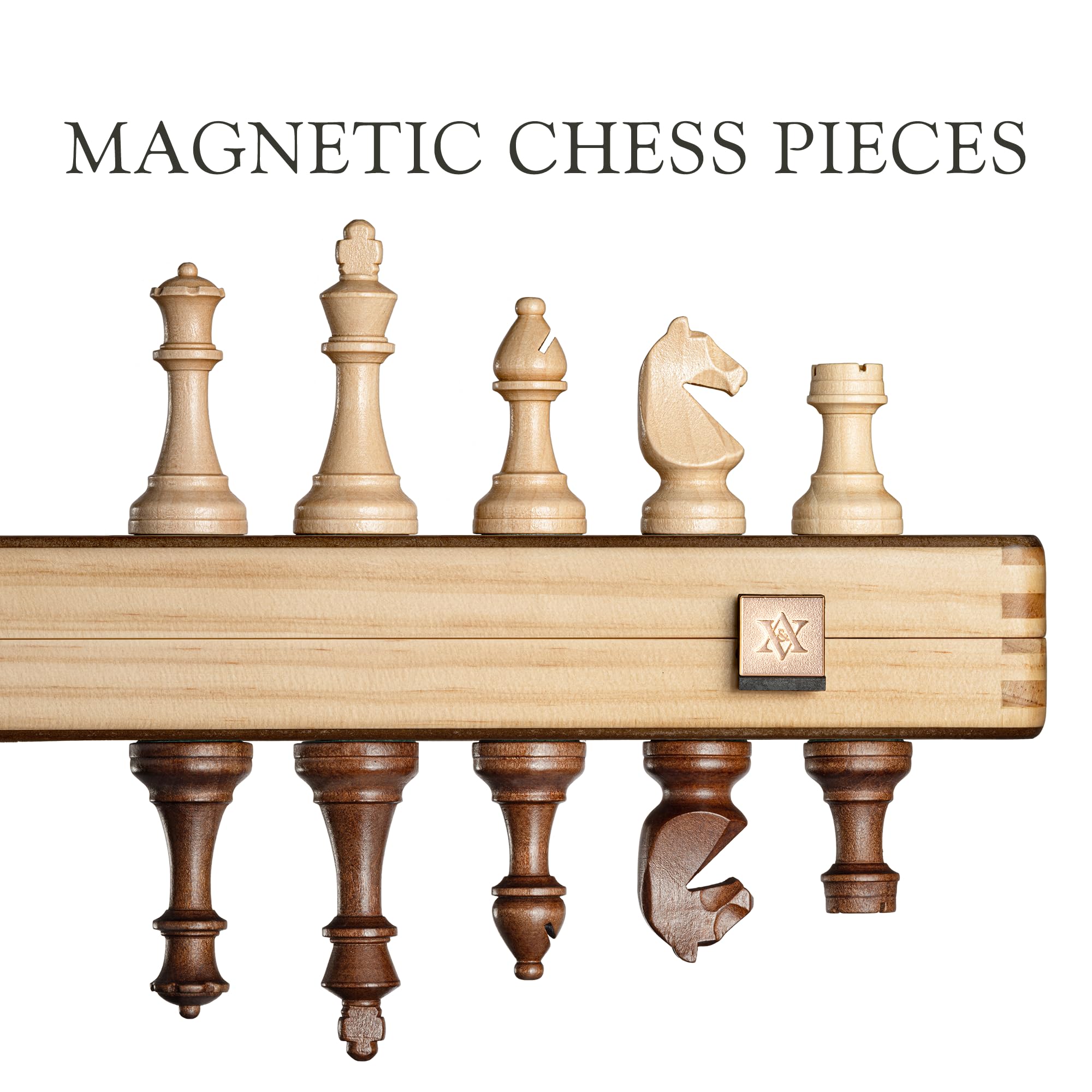 A&A Juego de ajedrez magnético plegable de madera de 38,1 cm con piezas de ajedrez Staunton de 7,6 cm de altura - Caja de pino con incrustaciones de nogal y arce