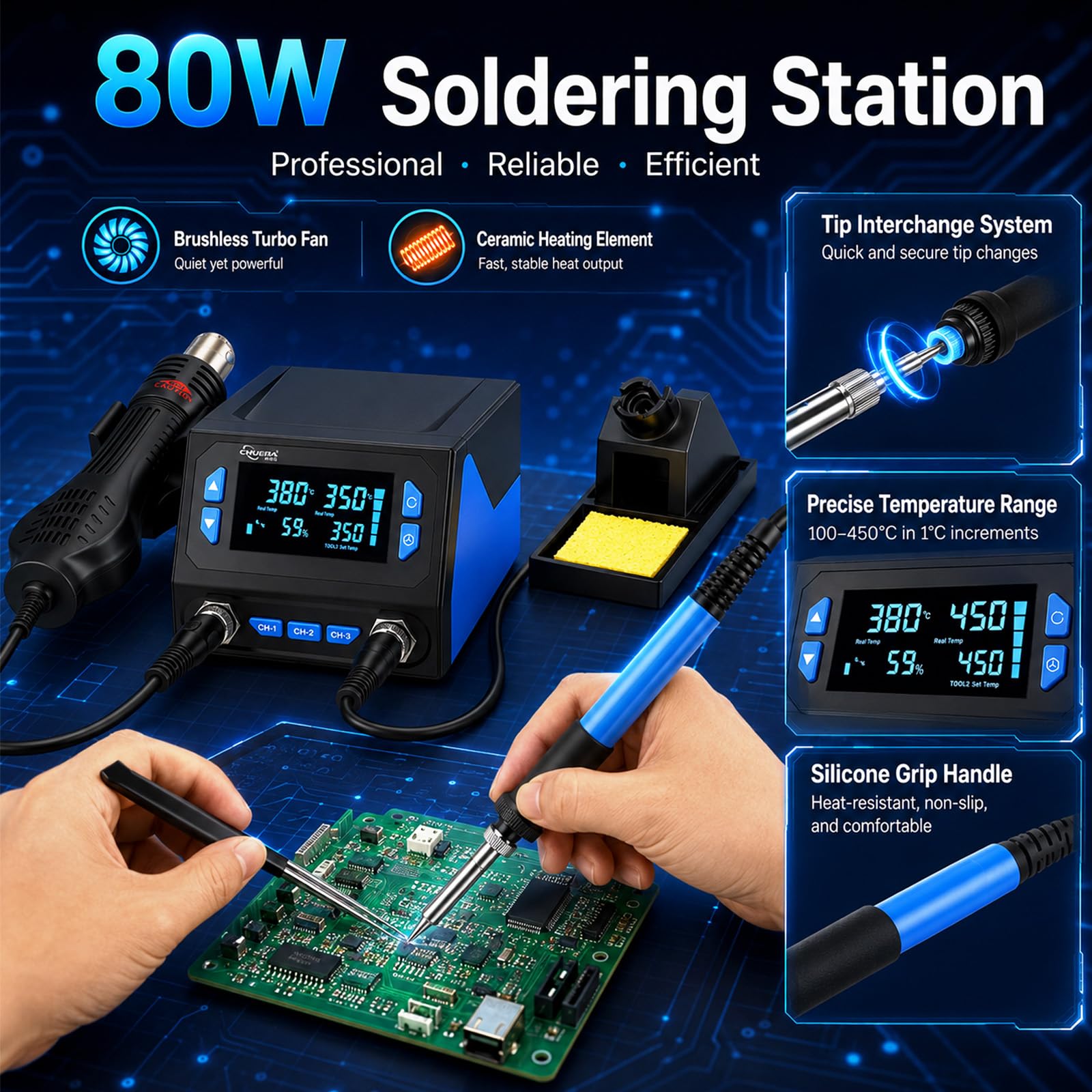 Stazione saldante ad aria calda 2 in 1, stazione saldante professionale con doppio LCD e controllo digitale, stazione dissaldante, 100-500 °C, pistola ad aria calda 100-450 °C, riscaldamento rapido