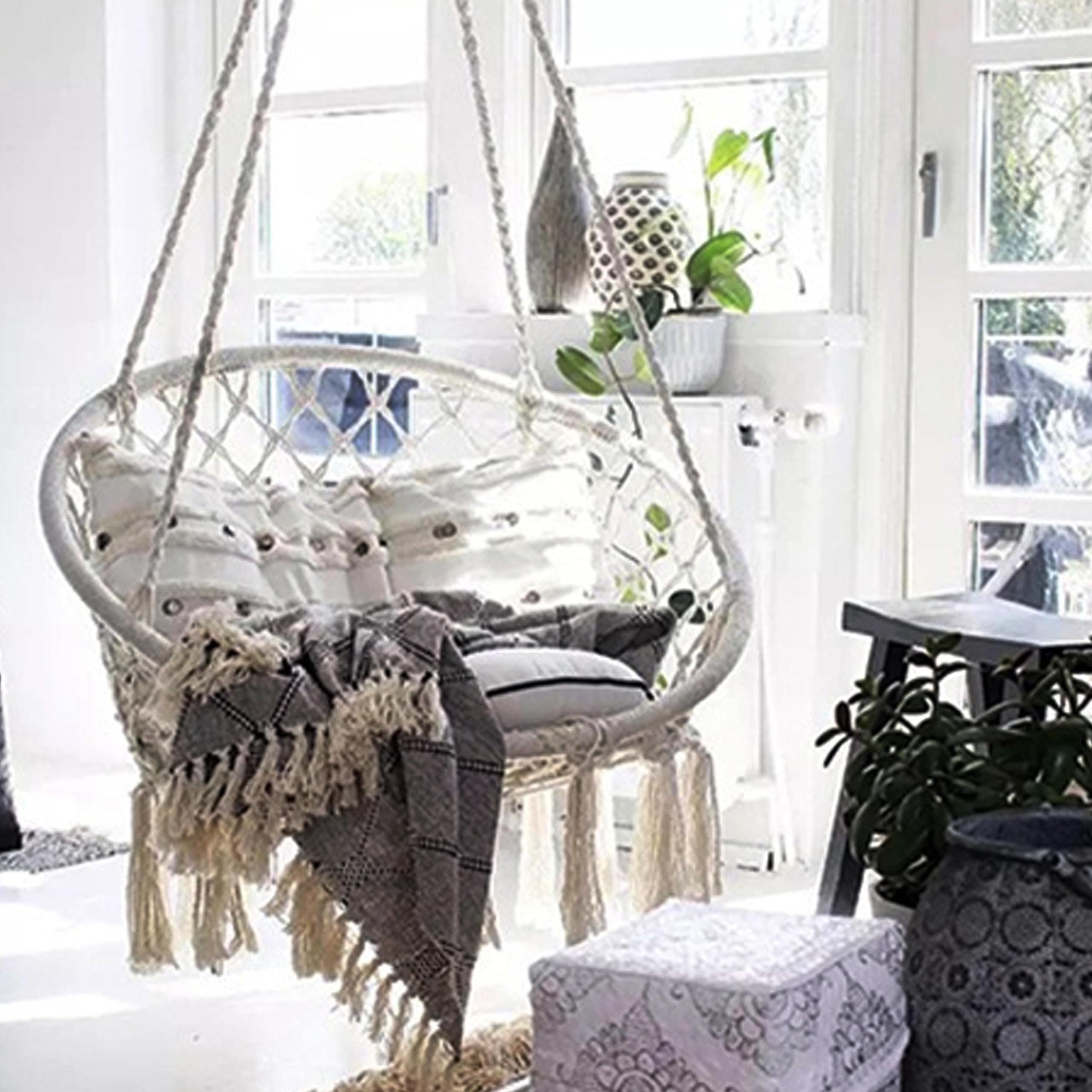 TIENDA EURASIA – Silla Colgante Exterior | Material Tejido de Cuerda Macarmé de Algodón Hilado Suave | 2 Ganchos de Metal | Color Gris Claro | Asiento Ancho de Encaje | 80x40cm