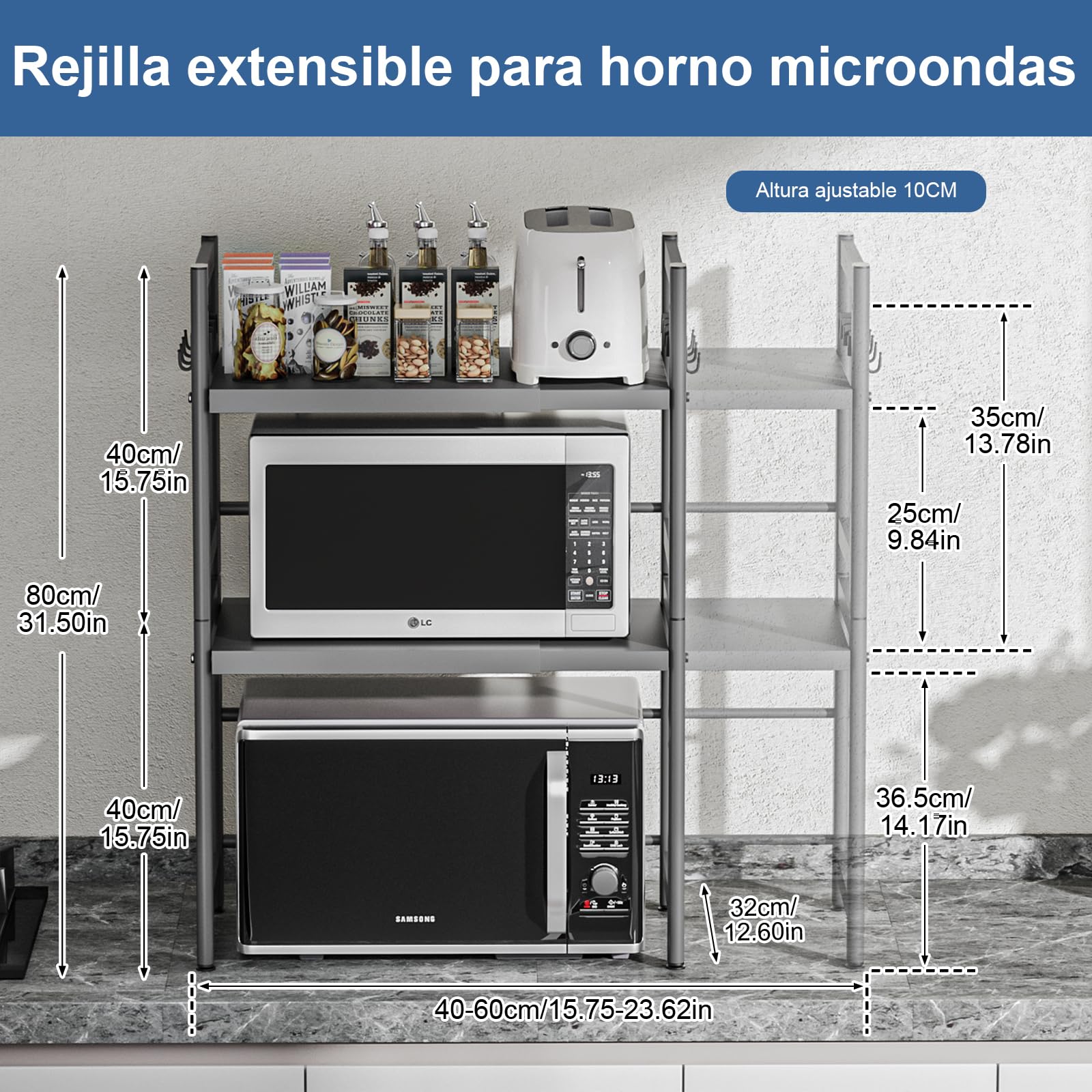 Soporte para Microondas y Horno Cocina 3 Niveles, Estanteria para Microondas Encimera con 8 Ganchos, Mueble Extensible Microondas Cocina