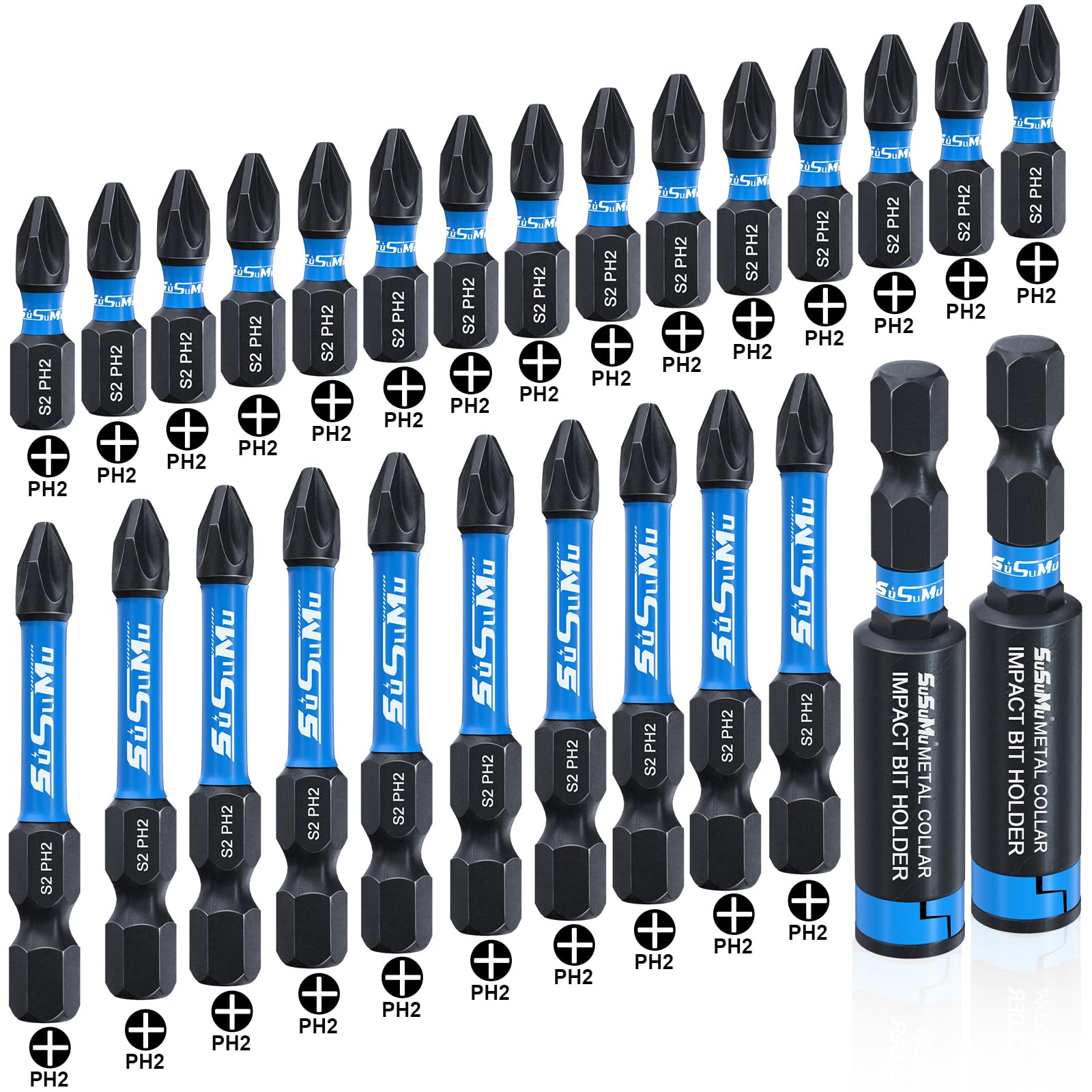 27PCS Phillips Bits #2 Impact 1" and 2" Long Strong Magnetic Drill Bits Anti Slip 1/4 Inch Hex Shank S2 Alloy Steel Impact Ph2 Screwdriver Power Bits Set with Magnetic Bit Holder for Power Drill