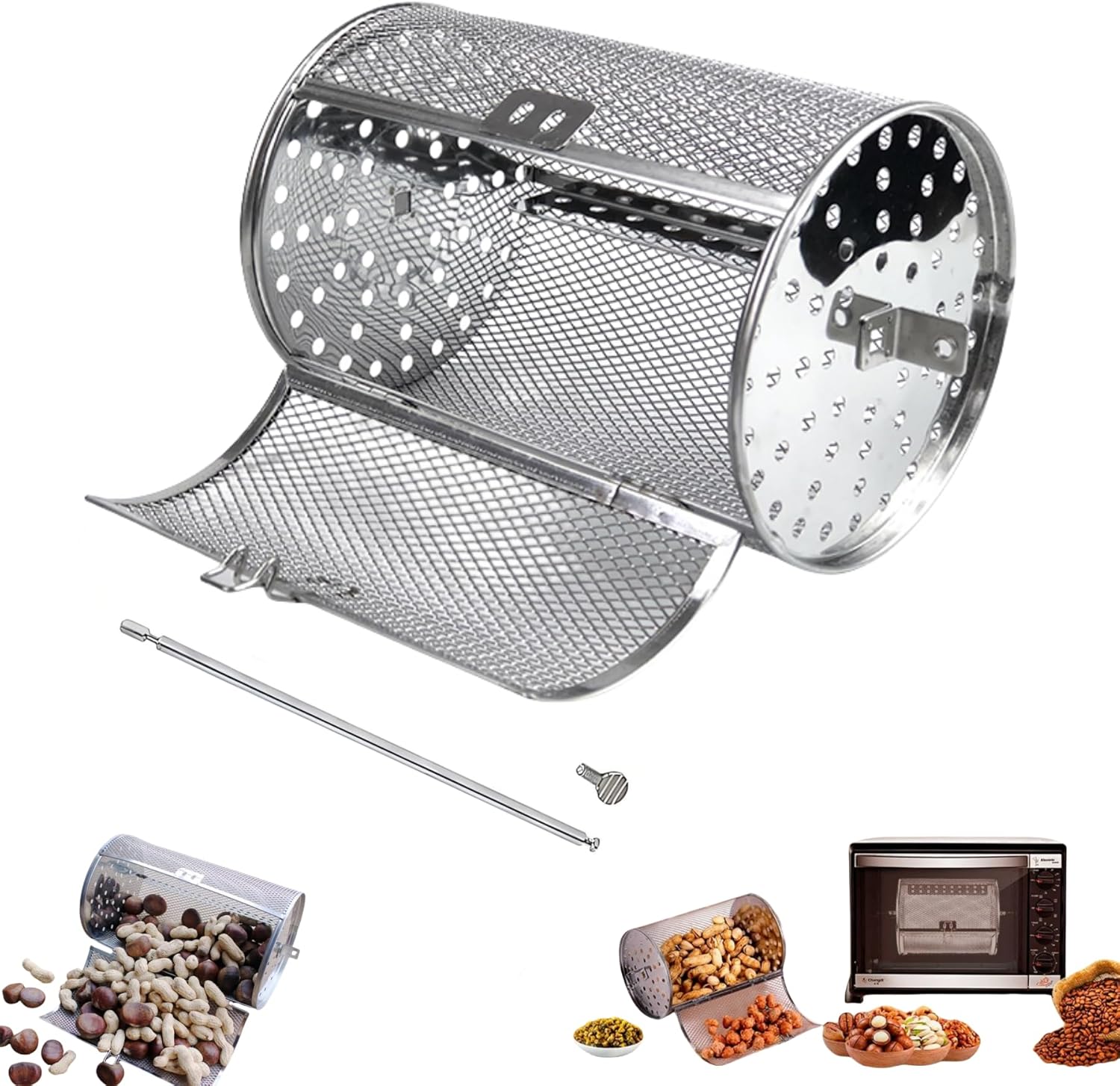 BBQ Grill Basket Stainless Steel Rolling Vegetable Grill Basket Removable Wooden Handle Round Bbq Cage Portable Bbq Accessories Outdoor Grill Sausage Meat Set Of 2