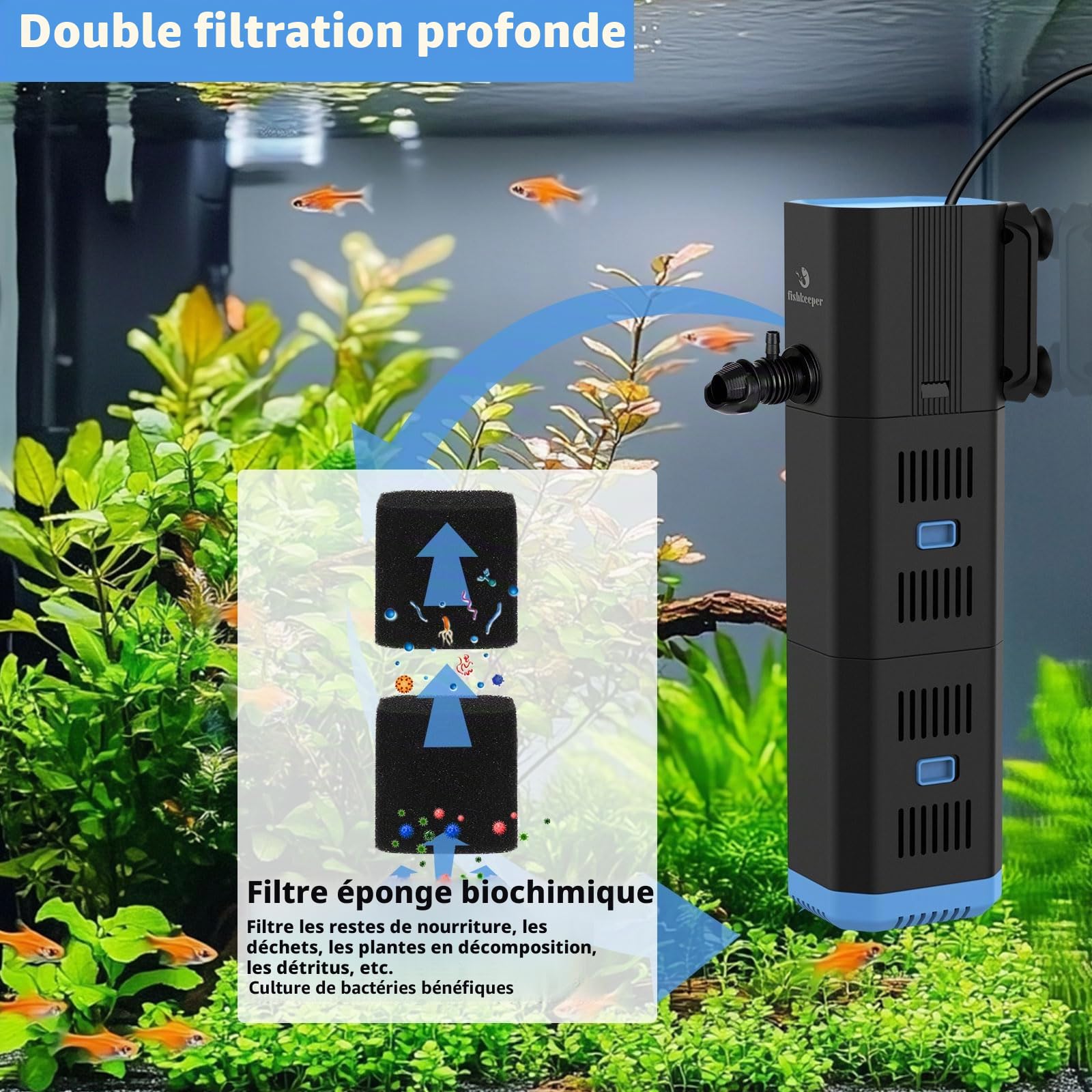 fishkeeper Filtre d'aquarium, Filtre intérieur réglable 500L/H pour Aquariums de 30 à 120 l, Pompe 4 en 1 avec Filtre, oxygène, Machine à Ondes, éponge filtrante (6 W (500 l/h, ≤ 120 L)