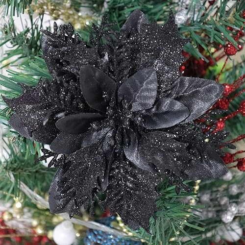 16 piezas de flores de Pascua artificiales de Navidad con clips y tallos, decoraciones de Pascua de Navidad con purpurina para adornos de árbol de