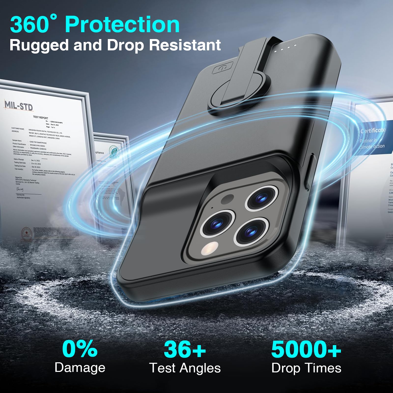 BOPPS Custodia con batteria per iPhone 16 Pro con supporto, custodia protettiva sottile da 8500 mAh con ricarica rapida da 15 W, compatibile con iPhone 16 Pro, custodia caricabatterie da 6,3 pollici