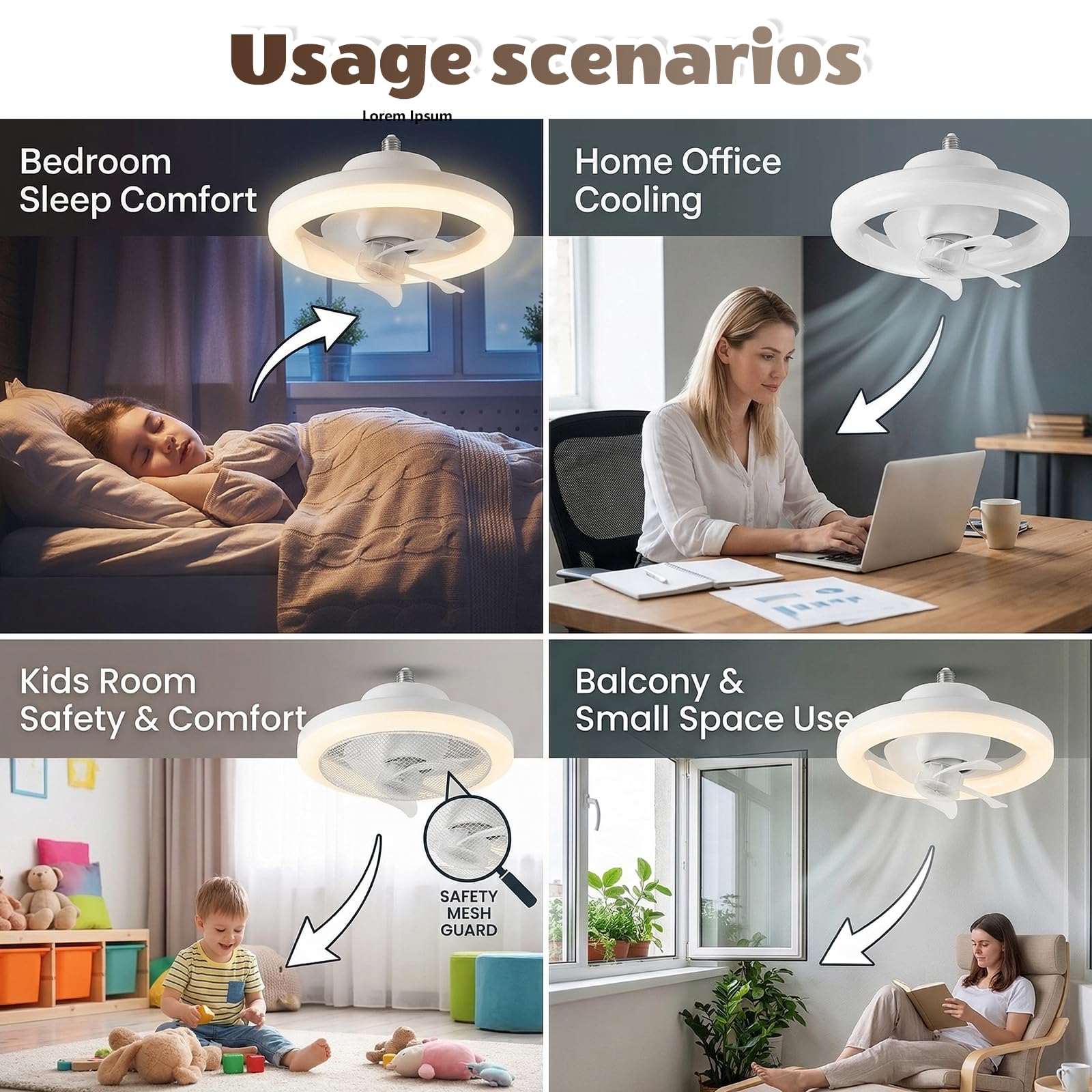 GOMETY Wentylator sufitowy z oświetleniem, lampa RGB z wentylatorem, 3 stopnie nawiewu, mała lampa sufitowa z wentylatorem, obracany o 360°, E27, możliwość ściemniania, z pilotem zdalnego sterowania