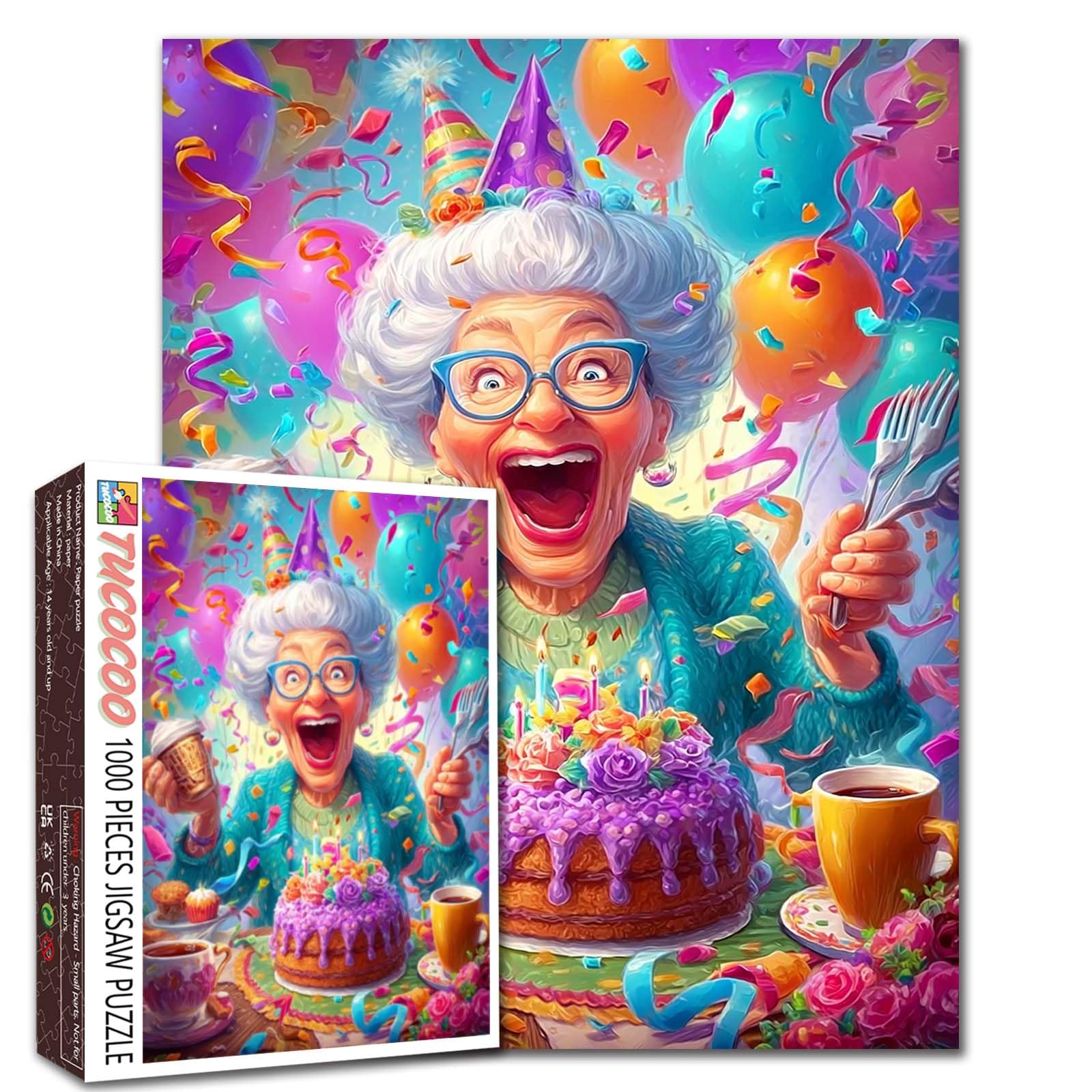 Happy Birthday for Grandma 1000 Piece Jigsaw Puzzles for Adults Happiness Old Woman Jigsaw Puzzle Rose Cakes 1000 Pieces Puzzles 20''x27”inch DIY Craft Puzzle Art Home Wall Decor Family Challengings