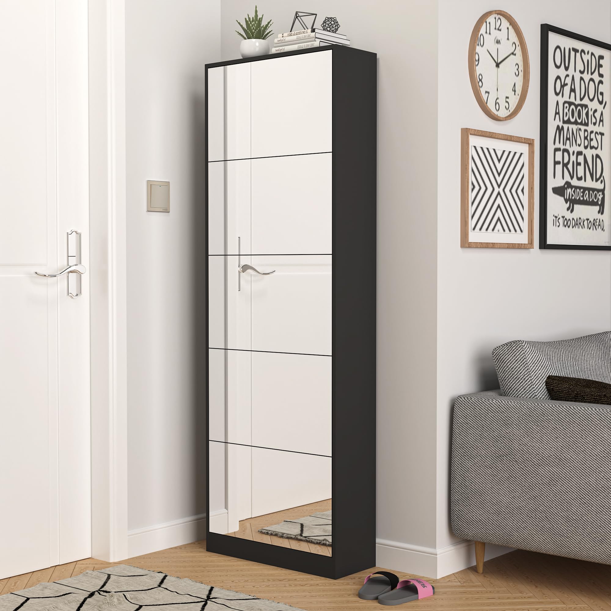 Scarpiera a specchio lungo 185 cm, 5 cassetti pieghevoli e spazio per 30 paia di scarpe, armadio per ingresso, camera da letto