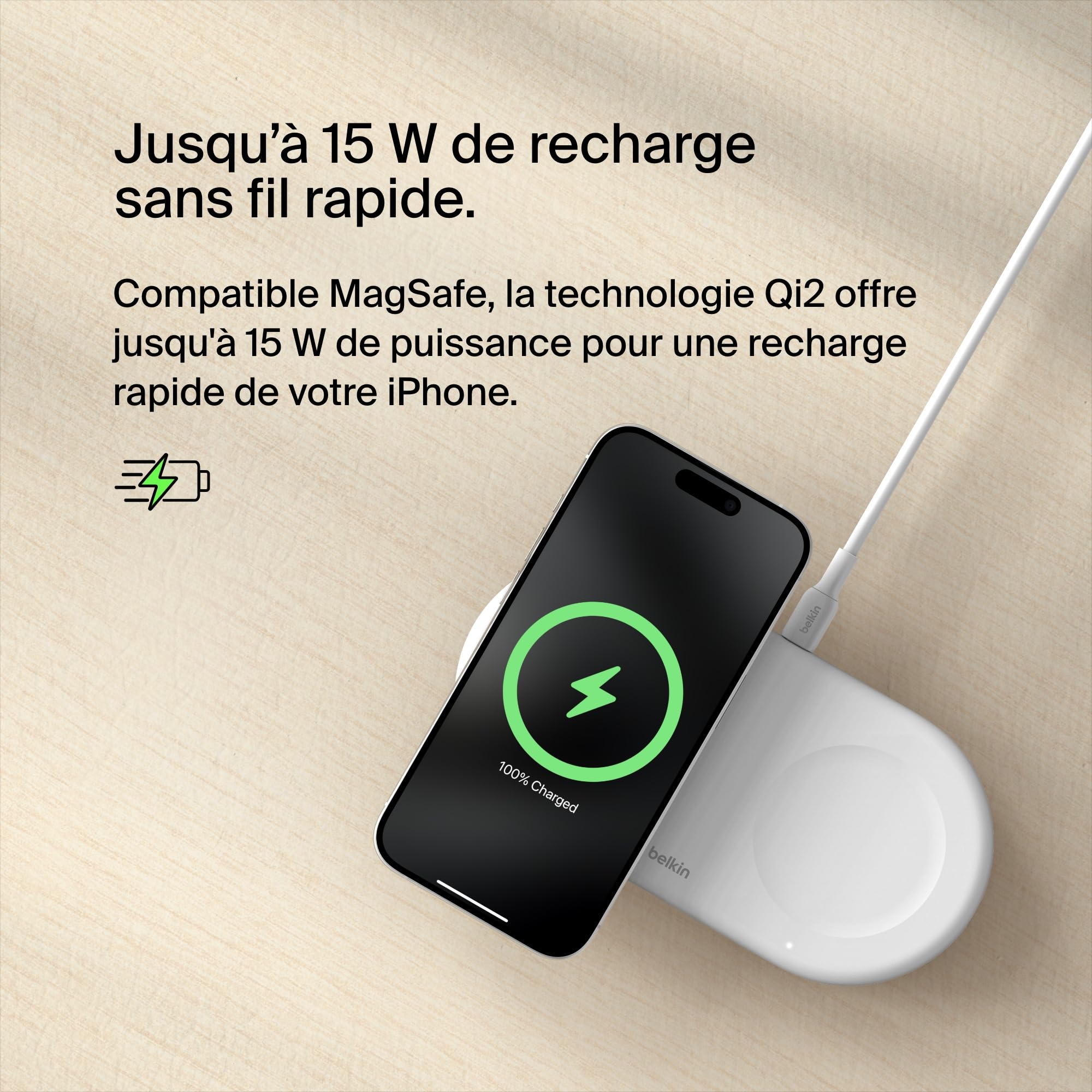 Belkin BoostCharge Pro Station de Recharge 2-en-1 avec Qi2, Recharge Rapide 15W, Chargeur sans Fil pour l'iPhone 17, iPhone Air, Pixelsnap, Les AirPods, et Tout Appareil MagSafe - Blanc