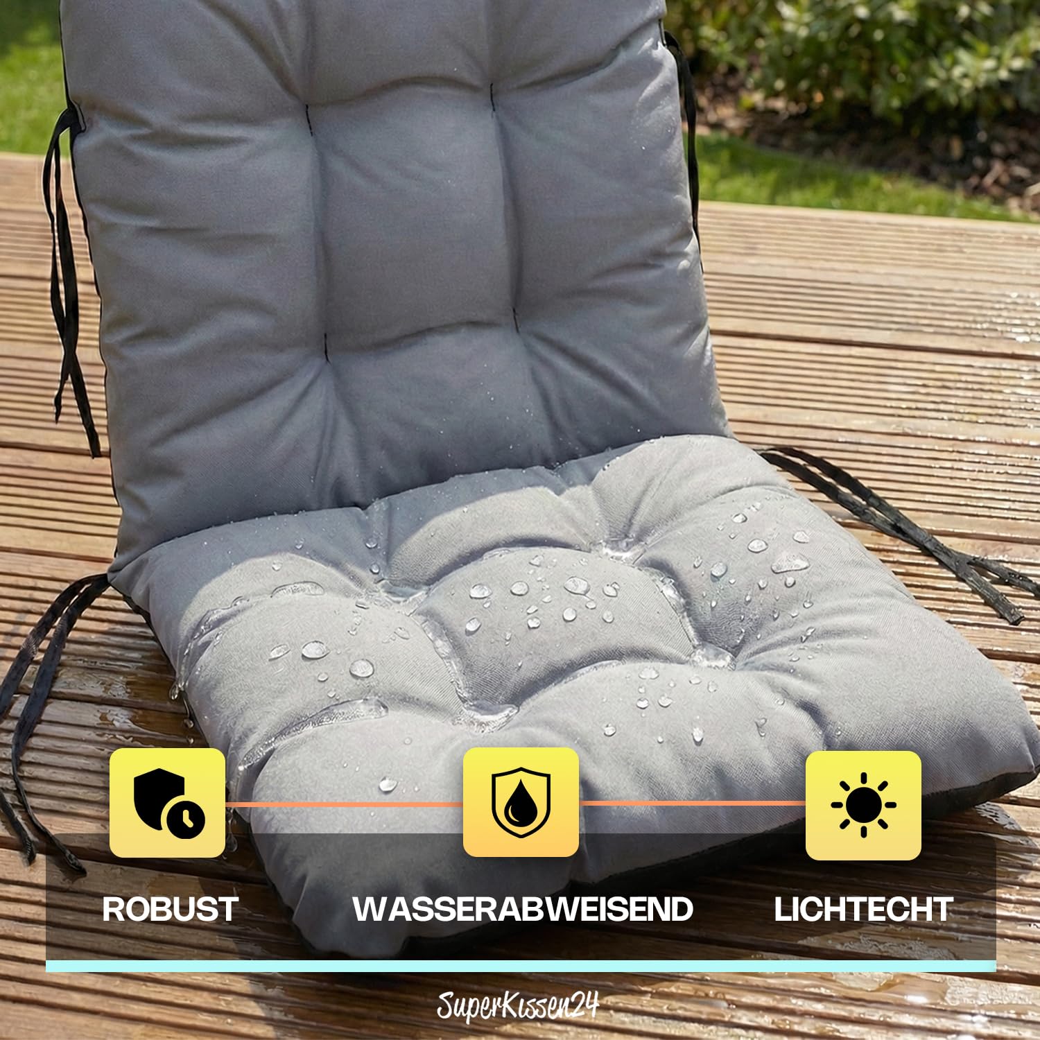 Outdoor Sitzkissen Stuhlkissen - 2er Set 48x96 cm - Made in EU, Wasserdichtes & UV-beständig Gartenkissen Rückenkissen - Stuhlauflage Stuhlpolster für Balkonstühle - Grau