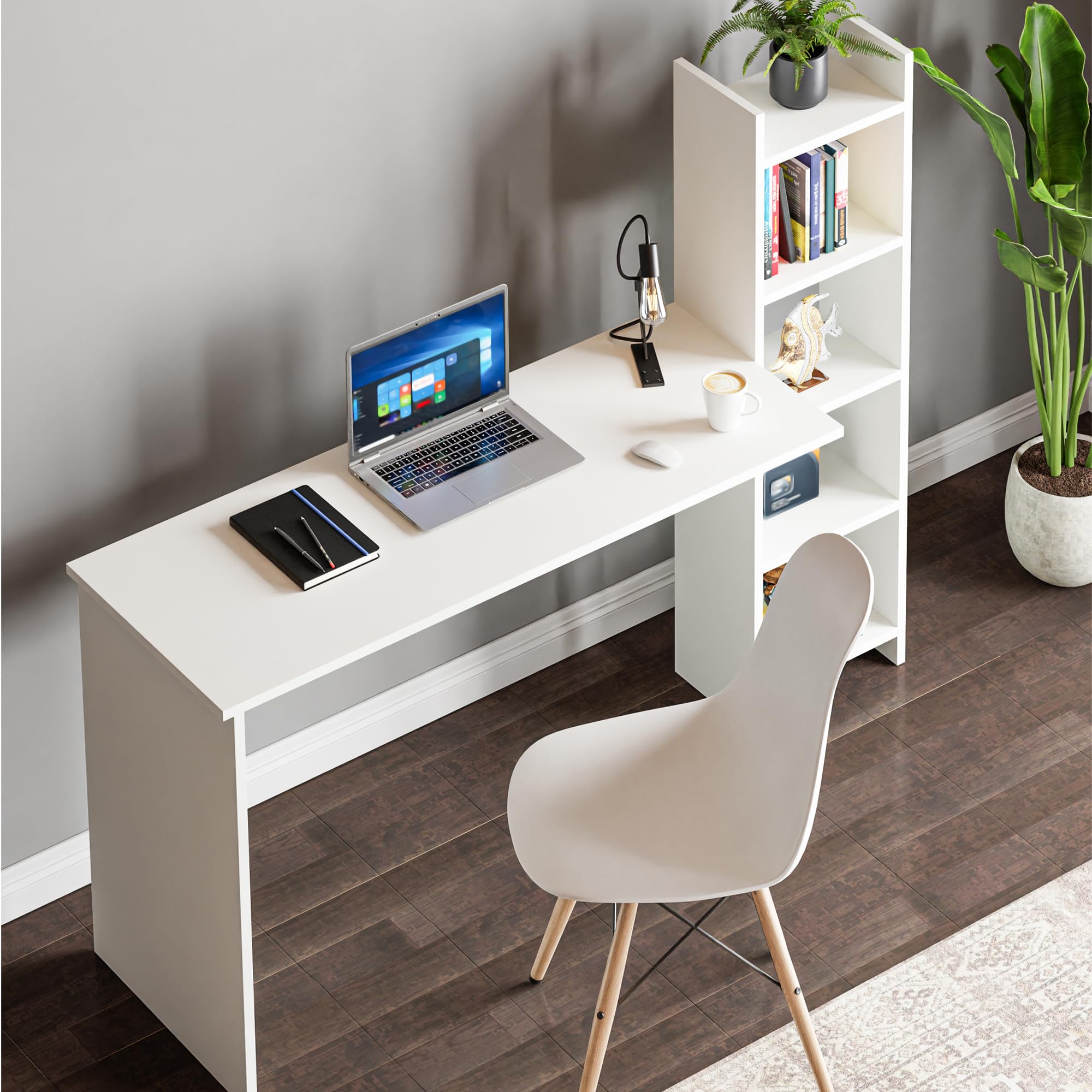 [en.casa] Scrivania con Scaffale Integrato Tavolo da Ufficio Studio con Piano 120 x 45 cm e Ripiani Laterali Postazione PC Lavoro con Scomparti Aperti per Archiviazione - Bianco