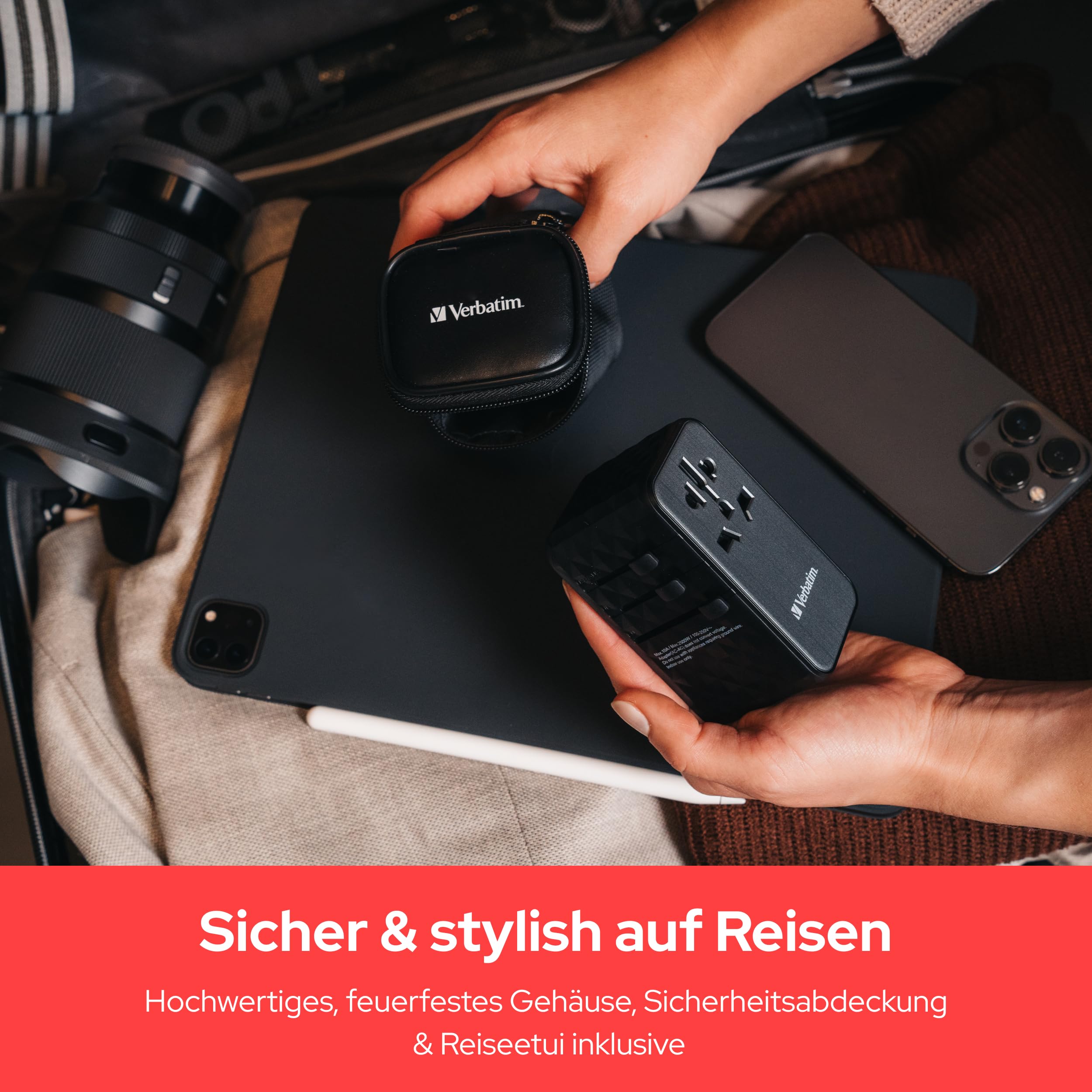 Verbatim GaN Universal Reiseadapter UTA‑06 100 W, Steckdosenadapter mit 2 USB‑A und 2 USB-C Anschlüssen, Schnellladegerät für Laptop, Handy, Kamera und Co, Reisestecker weltweit einsetzbar, 100-250 V