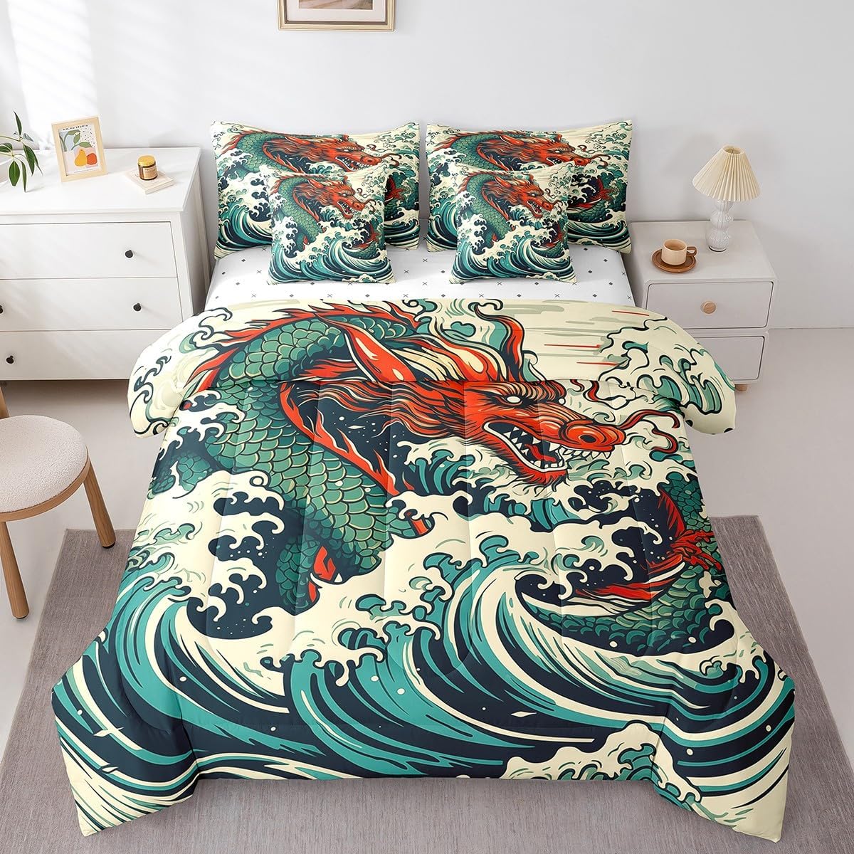 Feelyou Bedding Set - 7 Piece Chinese Dragon Comforter Set with Sheets for Kids (Red & Green Dragons)