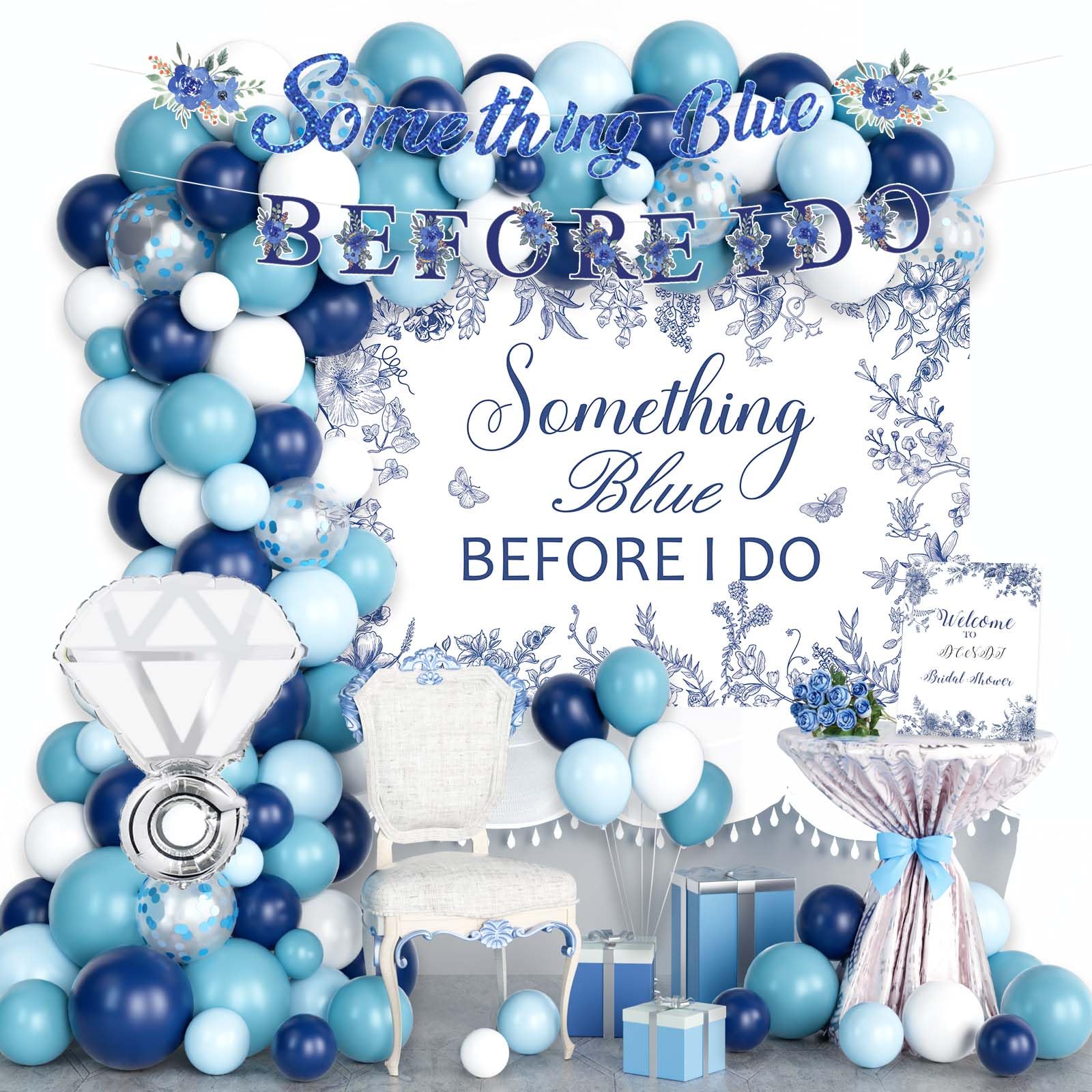 Fiesec Something Blue Before I Do Bridal Shower Decorations, Blue Bachelorette Wedding Engagement Decor, Blue and White Floral Backdrop Banner Balloon
