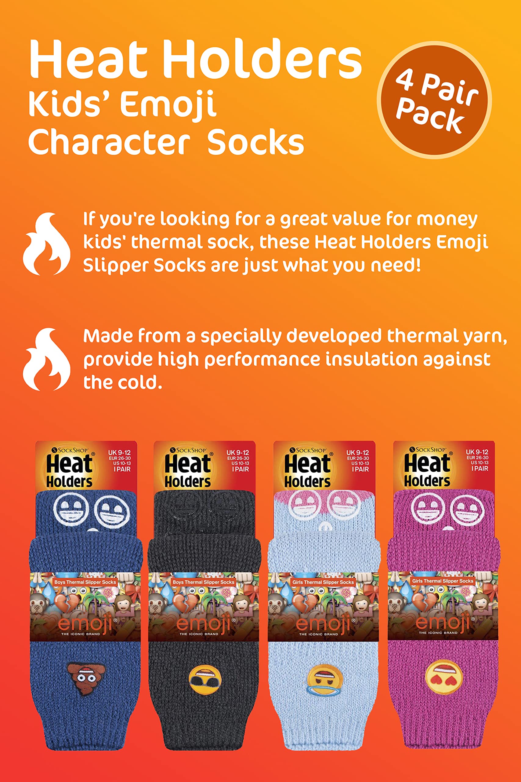 HEAT HOLDERS - Pack De 4 Pares De Calcetines Térmicos Emoji Para Niños, Tipo Zapatilla Antideslizante