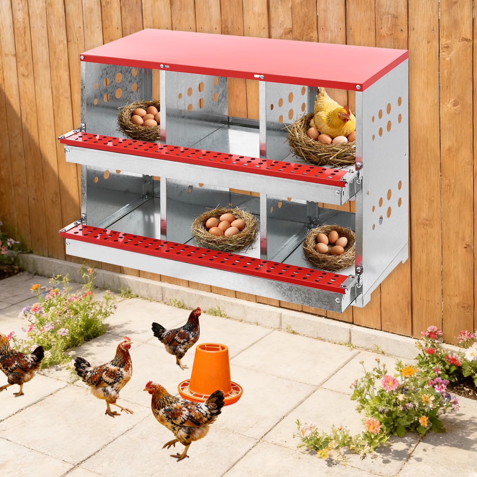 Nido para pollos, 6 compartimentos, nido galvanizado con nido de huevo y bandeja automática de huevos, aireado e inoxidable, nido de 2 niveles para gallinero, accesorios para gallinas ponedoras