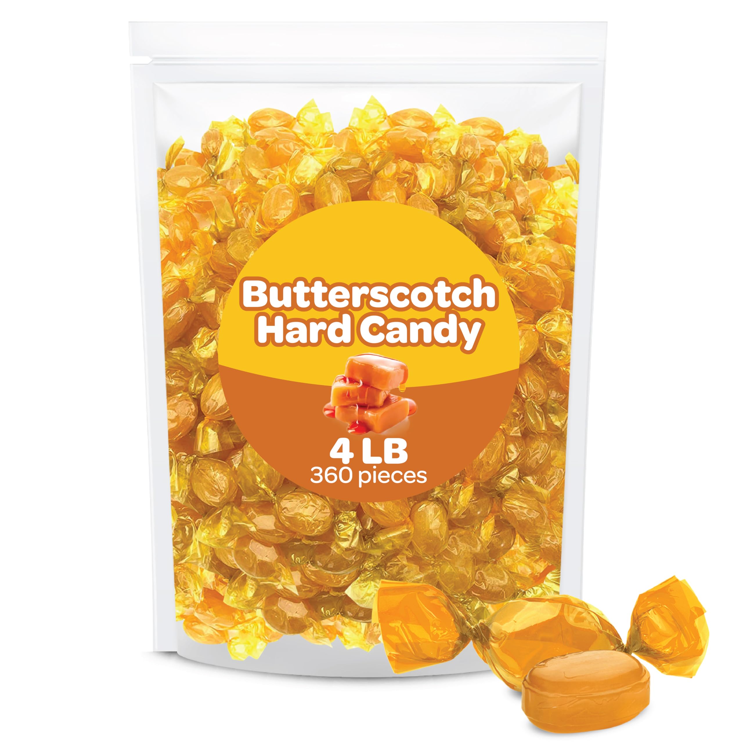 Butterscotch Hard Candy - 4 Pound Bulk Pack (About 360 Count) - Individually Wrapped Yellow Candies for Office Bowl - Old-Fashioned Creamy Butter Scotch Treats