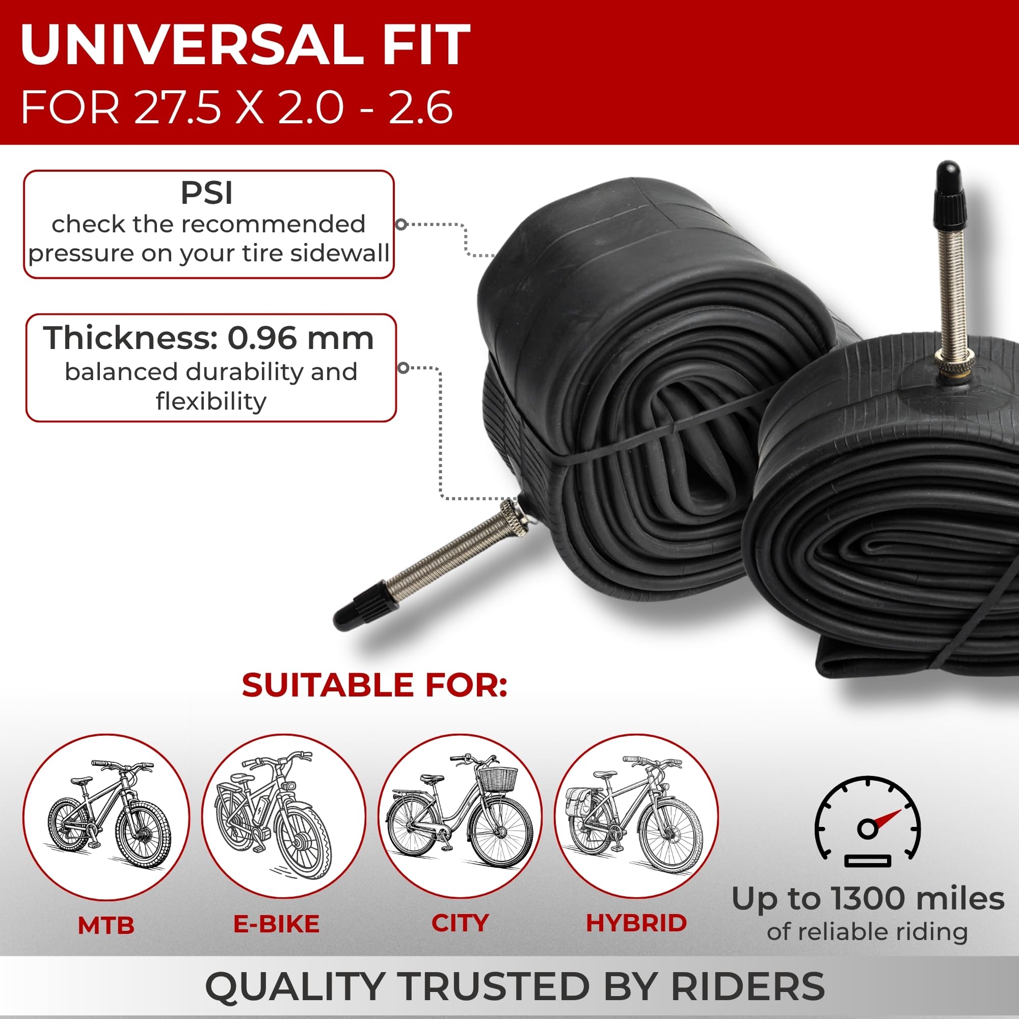 Fincci Camera d'aria per bicicletta, 27,5 x 2,1/2,2/2,3/2,35/2,4/2,5/2,6", valvola Presta da 48 mm, gomma butilica, adatta per mountain bike e bici ibride, confezione da 2