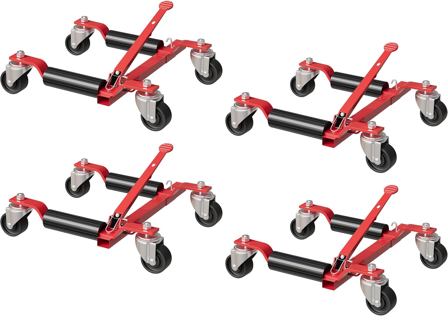4-Pack Mechanical Wheel Dollies, 1500 lbs Capacity Each Heavy Duty Vehicle Positioning Jacks with Ratcheting Foot Pedal, 360° Swivel Casters for Auto Repair, Garage, Tire Moving (Red)