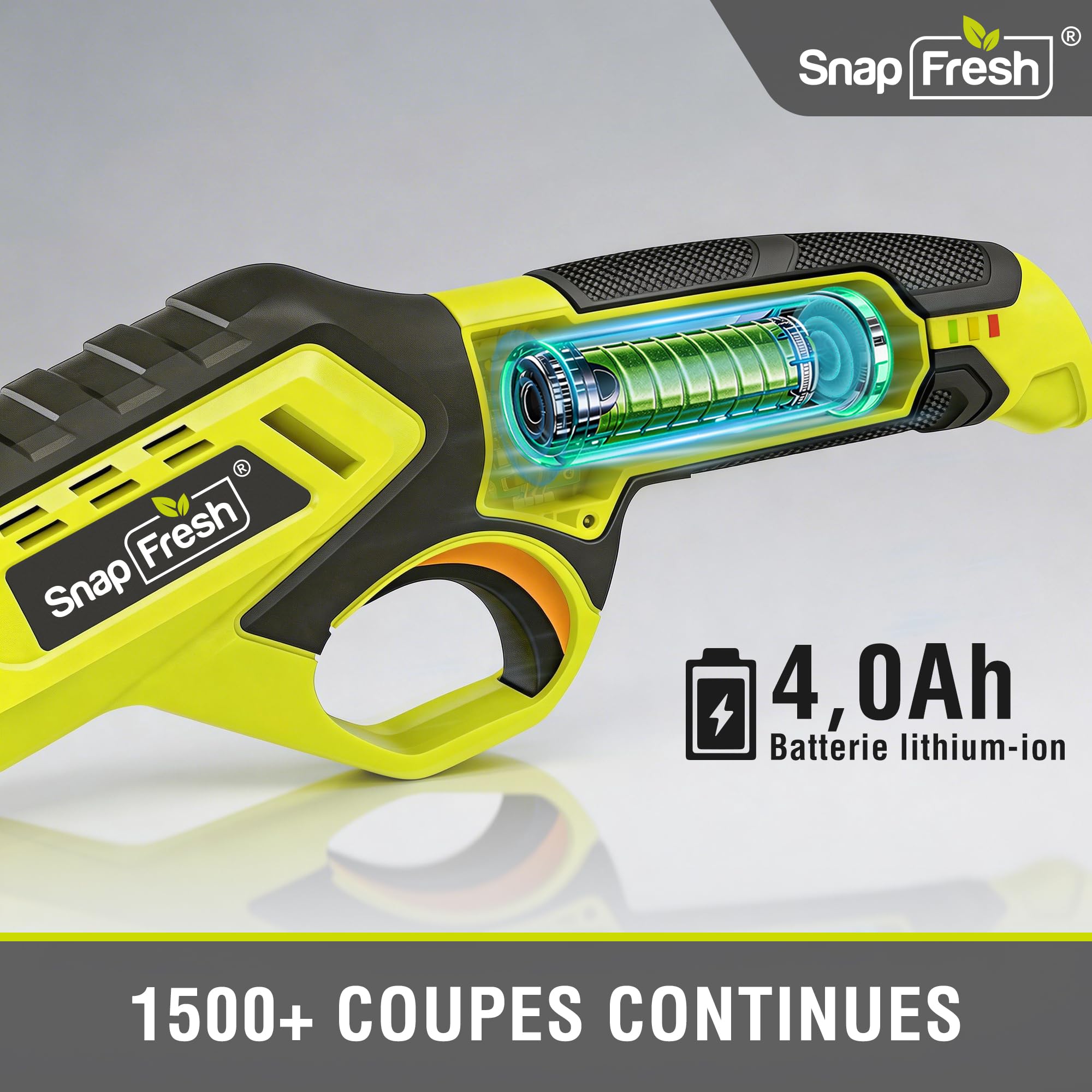 SnapFresh Secateur Electrique Sans Fil avec Batterie 4000 mAh & Lames en acier SK5 (2 Pièces), 1500 Coupes par Charge, Diamètre de Coupe de 18 mm pour Jardins, Branches, Arbres Fruitiers et Vignoble