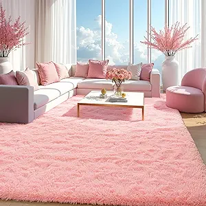 Zentavio Pink Rugs for Girls Room 9x12 Large Area Rugs for Living Room Cute Carpet for Bedroom Washable Soft Fluffy Shag Aesthetic Plush High Pile Rug for Nursery Kids Room Dorm Room
