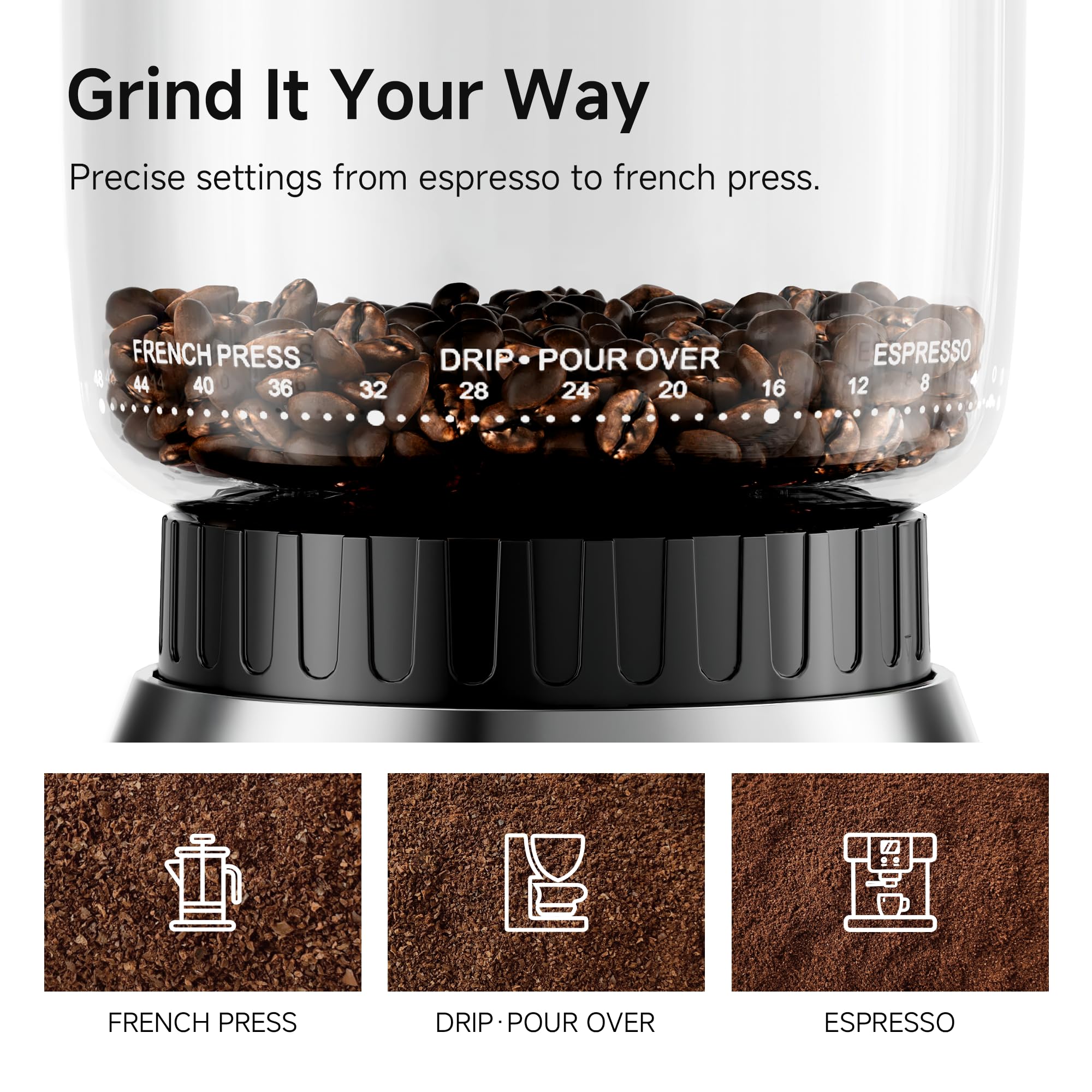 Moulin à café électrique HiBREW G7-48 réglages précis pour espresso/café filtre/café à la française, contrôle des portions et antistatique, broyeur conique pour un café fraîchement moulu