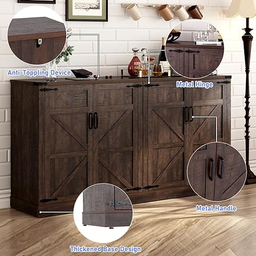 Miniatura 4 de Sideboard Buffet Cabinet with Storage - 65 Inch Farmhouse Kitchen Pantries Sideboard Cabinets with Adjustable Shelves, Wooden Coffee Bar Cabinet