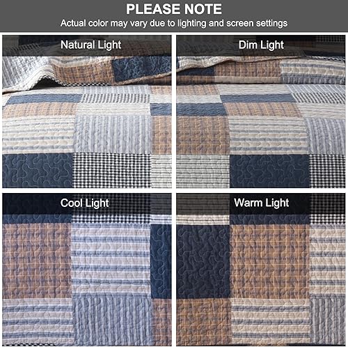 Miniatura 8 de PANGUSHAN Juego de edredón de 100 % algodón, tamaño Queen, juego de ropa de cama de retazos a cuadros, edredón reversible ligero de granja, edredón