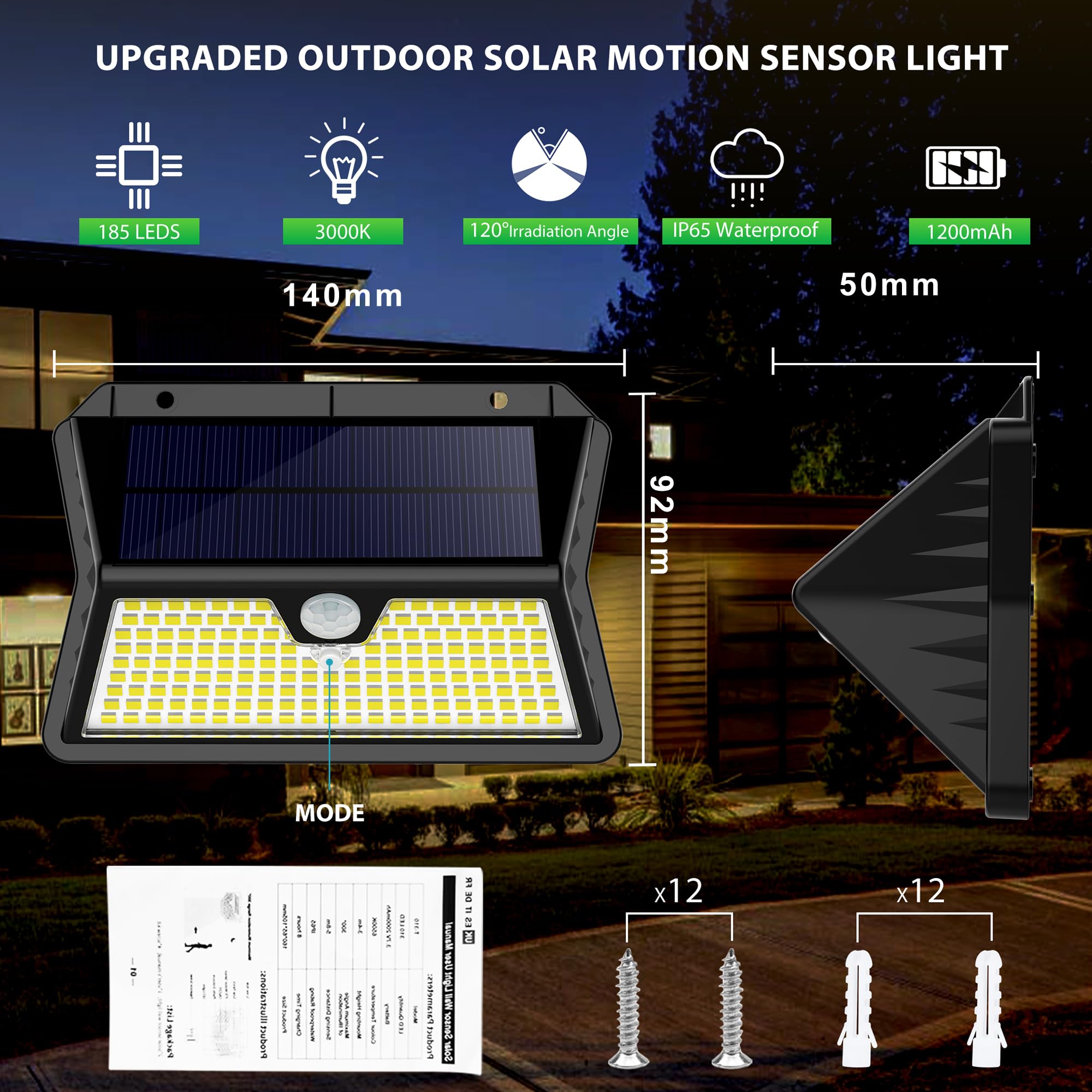 Focos LED Exterior Solares,【6 Paquete/3 Modos】 Luces Solares con Sensor Jardin de Movimiento 185 LED Luz Solar Exterior, IP65 Impermeable para Jardín, Garaje, Patio, Puertas (Blanco Cálido)