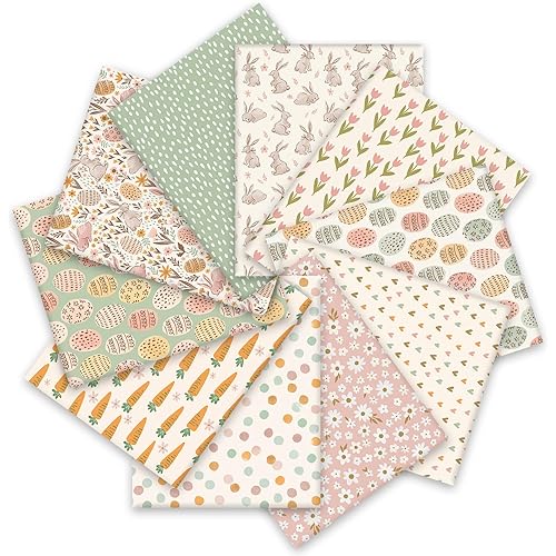Whaline 10Pcs Easter Cotton Fabric Bundles 10 x 10 Inch Easter Bunny Egg Carrot Flower Fabric Square Pastel Easter Spring Quilting Patchwork for DIY Handmade Craft Party Decor