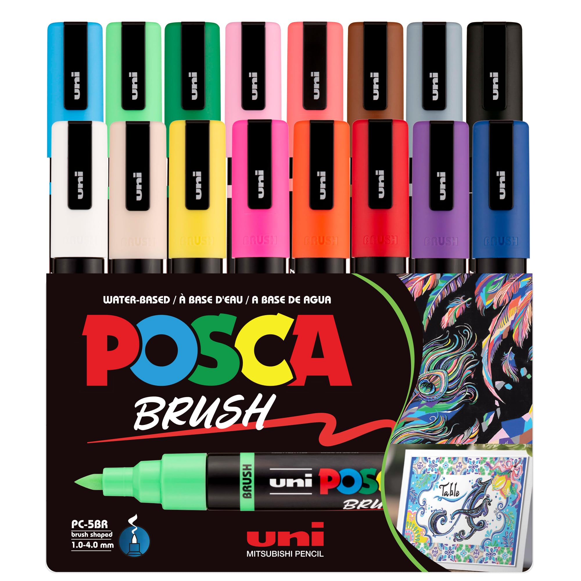 POSCA PC-5BR Marqueurs à peinture à base d'eau, pointe brosse réversible (1,0-4,0 mm), couleurs assorties, pack de 16