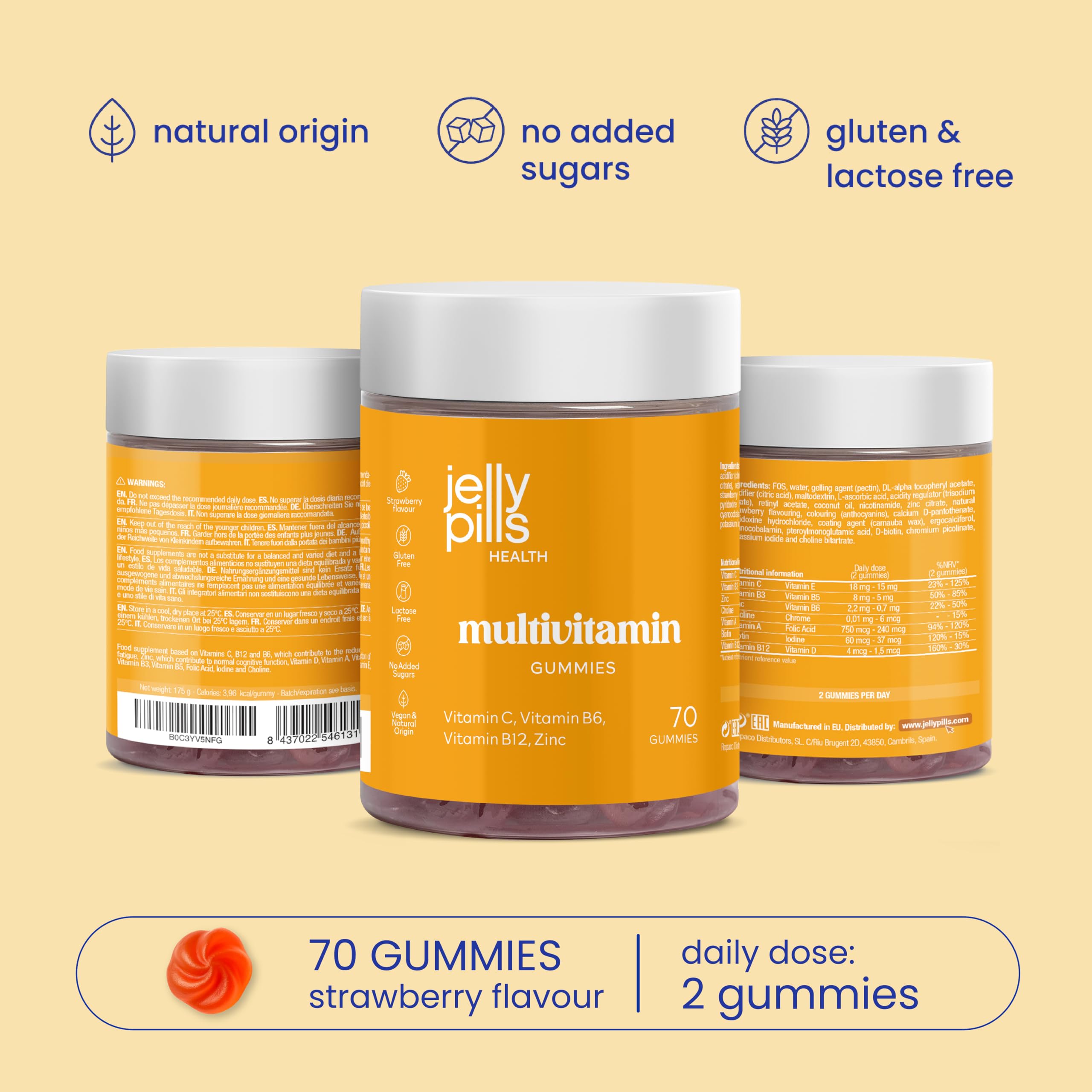 Jelly Pills Pack Benessere Quotidiano Completo – Multivitamine + Magnesio 180 mg + Calcio con Probiotici – 70 + 70 + 70 Gummies Vegane – Senza Zuccheri Aggiunti – Gusto Fragola e Frutti di Bosco
