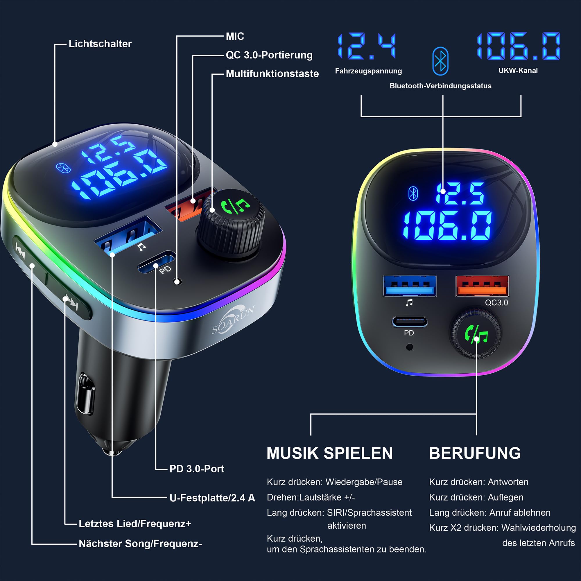 Bluetooth 5.3 FM Transmitter,38W KFZ Musik Adapter für Auto Radio,PD&QC3.0 Schnellladung mit Spannung Anzeige Freisprecheinrichtung,7-farbige LED-Hintergrundbeleuchtung USB-Stick