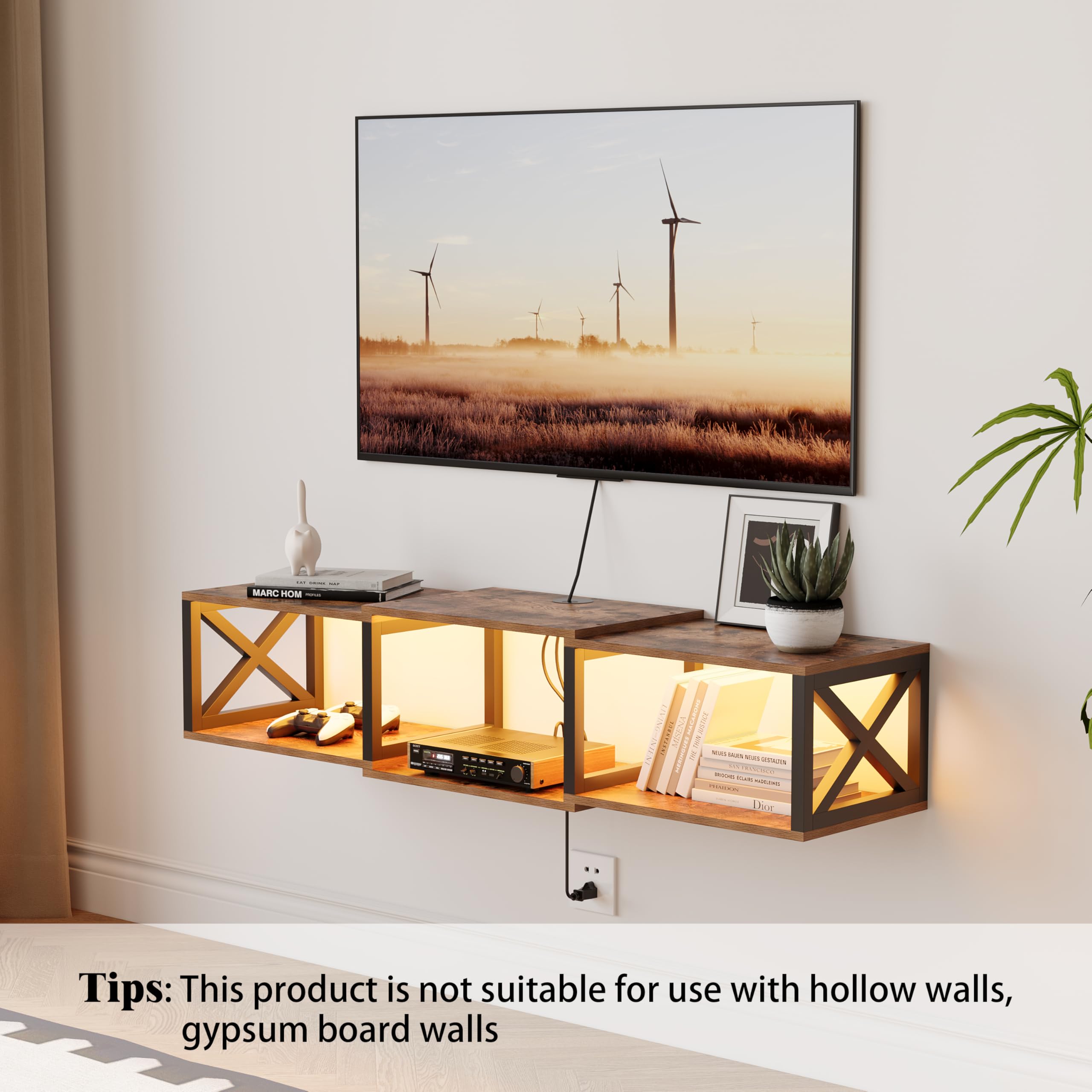 Soporte de TV flotante con tomas de corriente, consola de entretenimiento montada en la pared con luz LED, estante de TV flotante para almacenamiento debajo del televisor (marrón rústico, 46 5