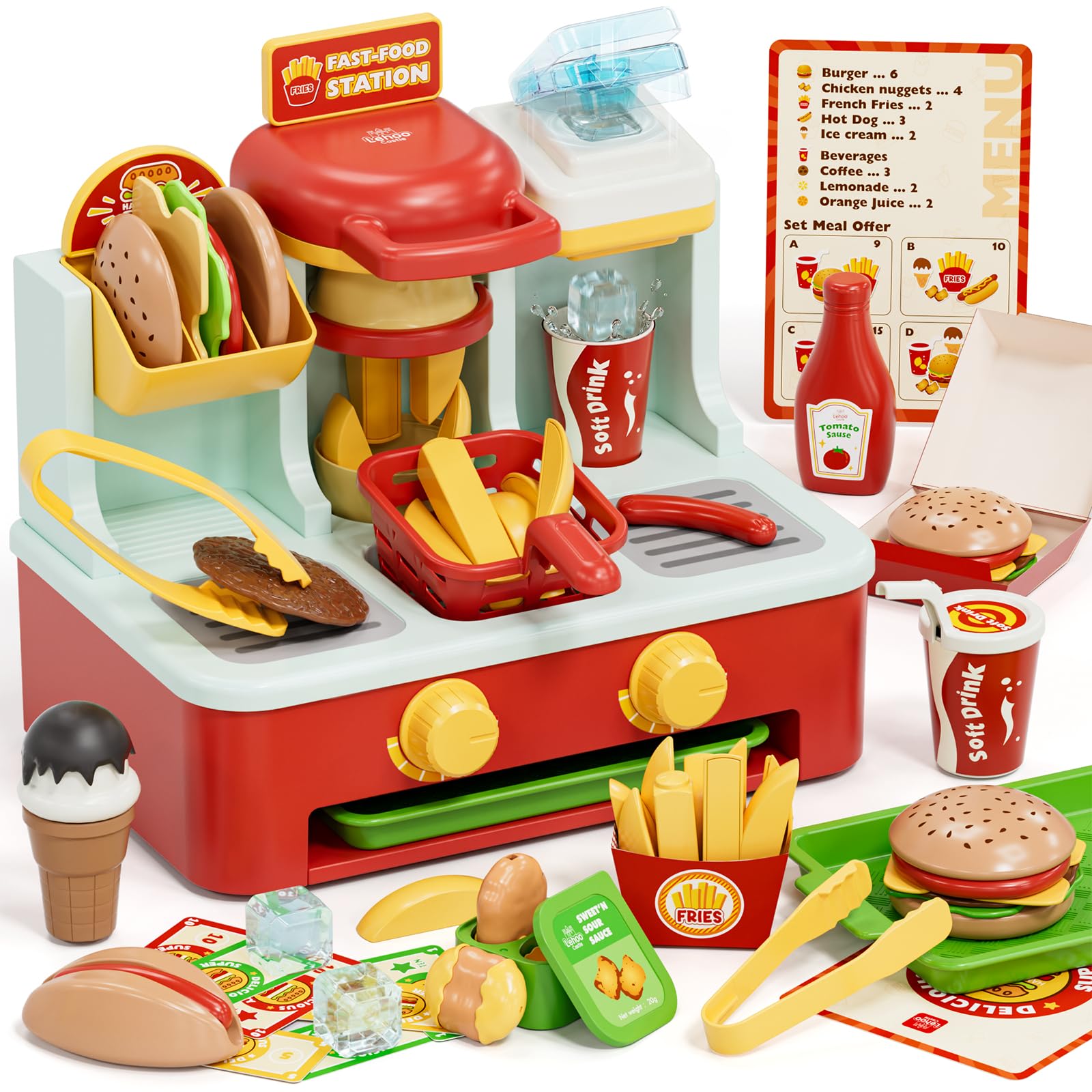 Lehoo Castle Play Food, Fast Food Station, Toy Food Set for Kids, Kitchen Toys, Interactive Potato Cutter, Toys for 3 Year Old Girls Boys