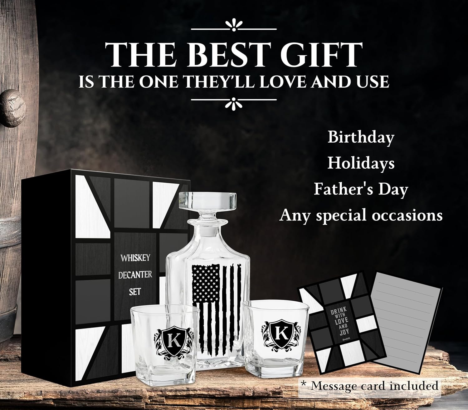 Onebttl American Flag Whiskey Decanter Set – 750ml Personalized Decanter with 2 Glasses, Gift for Men, Dad, Veteran – Birthday, Father's Day, Patriotic Gift, J - Image 7