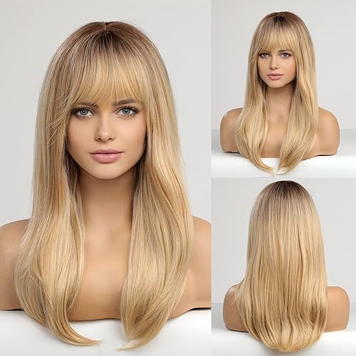 HAIRCUBE Long Ombre Blonde Wigs for Women, Synthetic Hair Wig with Neat Bangs for White Women 20 Inches