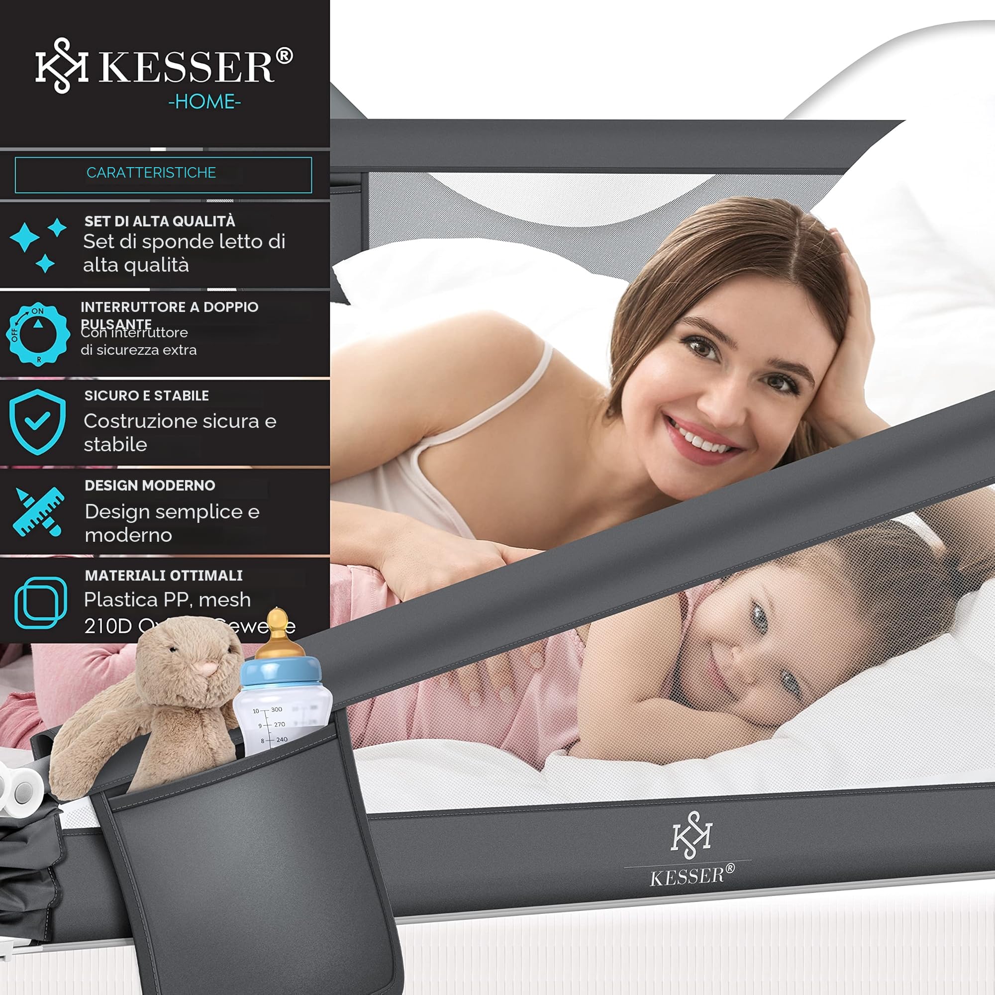 KESSER® Sponda da letto, Protezione per letto, Sponda da letto per bambini, Sponda da culla, Barriera letto per bambini, 150cm - Grigio Scuro