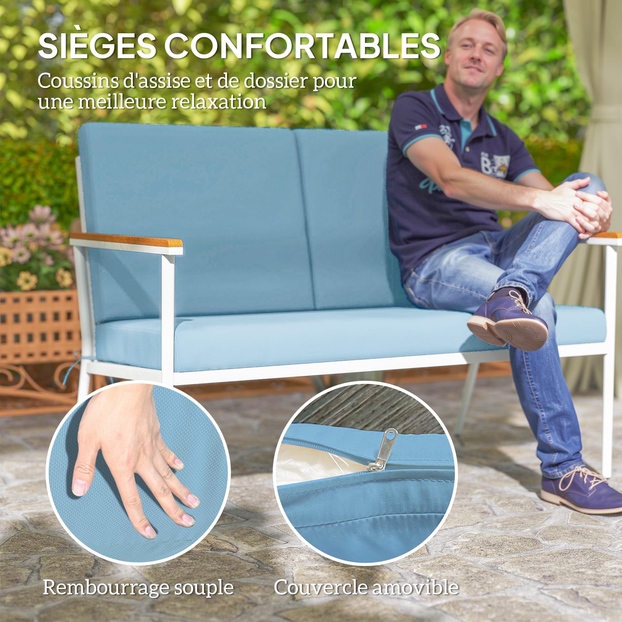 Outsunny Salon de Jardin extérieur 4 Personnes, Salon de Balcon 5 pièces avec canapé, 2 fauteuils et 2 Tables Basses en Verre trempé, Coussins Inclus, mobilier de Jardin Patio terrasse, Bleu Clair
