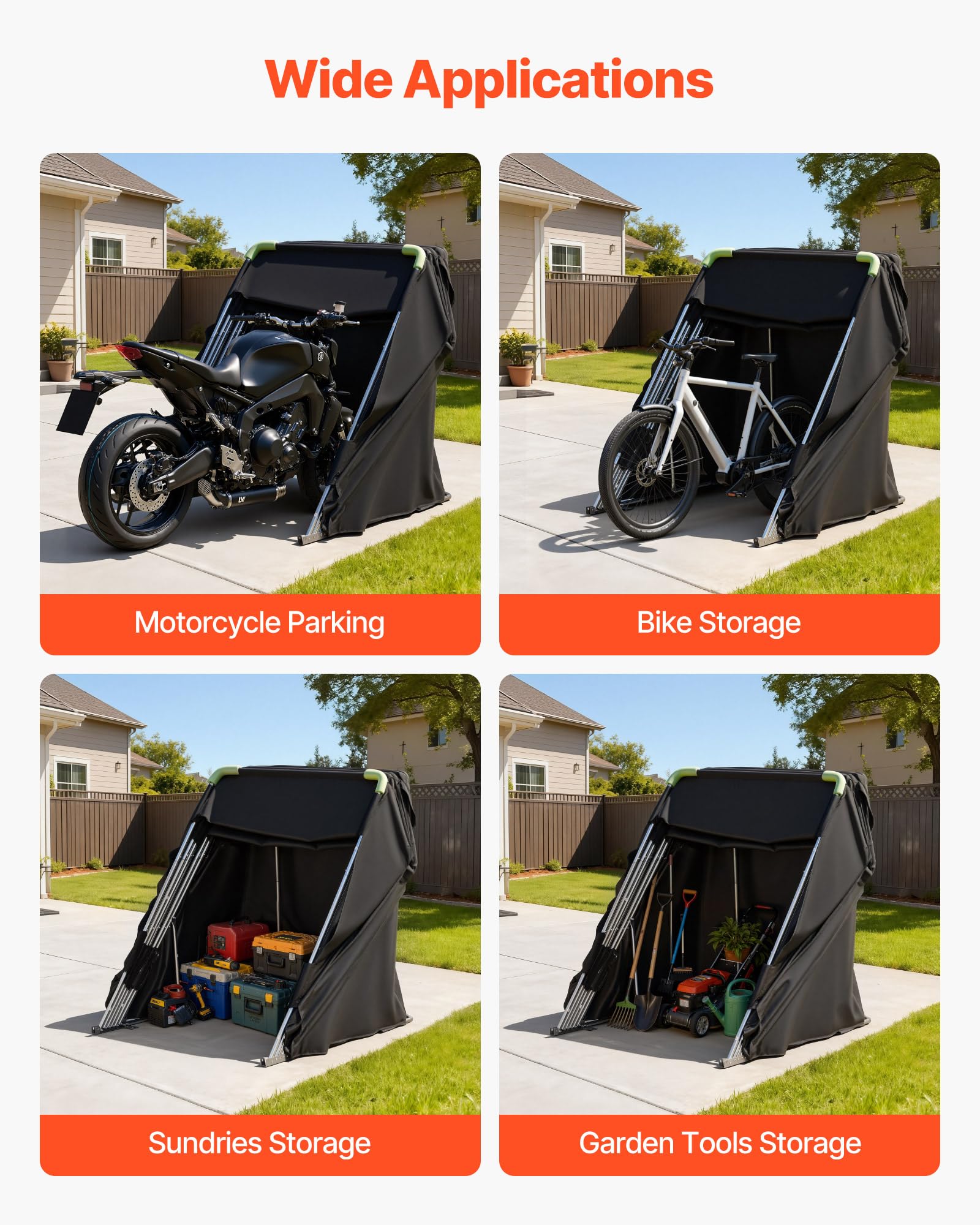 VEVOR Motorrad Zeltgarage, Motorrad Abdeckplane 2790x1095x1600 mm, Motorradgarage mit Sicherheitsschloss, 600D Oxford-Klappzelt, Allwetter-Motorradabdeckung mit Belüftungsfenstern, Schwarz