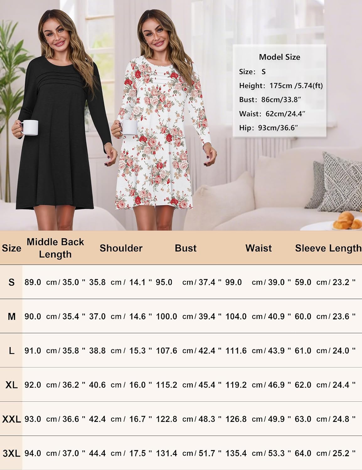 Marvmys Womens 2 Pack Long Sleeve Nightgowns Cotton Sleepshirt Pleated Nightshirt Printed Sleep Dress with Pockets S-3XL - Image 6