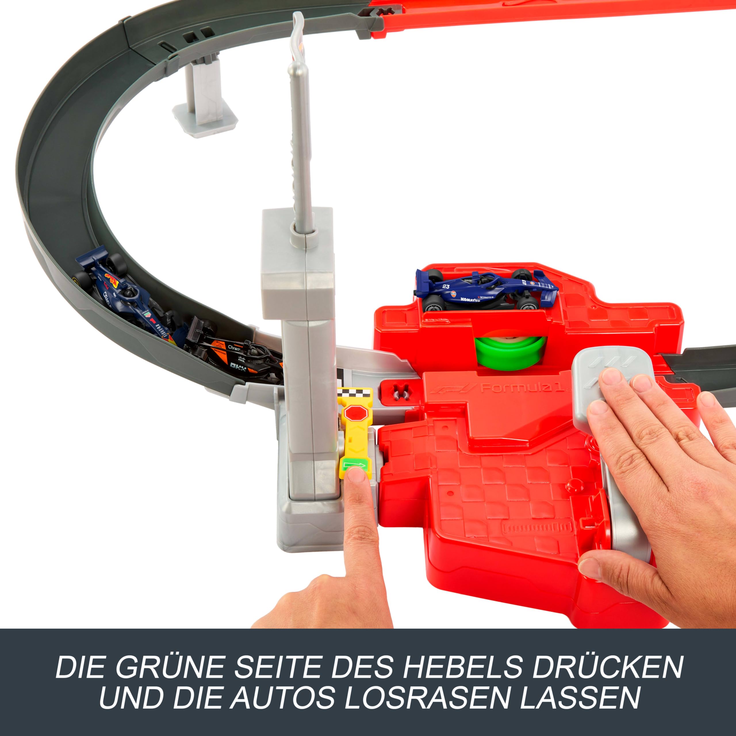 Hot Wheels Racing Formel 1 Rennstrecke mit 3 Spielzeugautos | Strecken-Set mit 3 Autos im Maßstab 1:64 (McLaren F1 Team, Oracle Red Bull Racing, Atlassian Williams Racing), JNN32