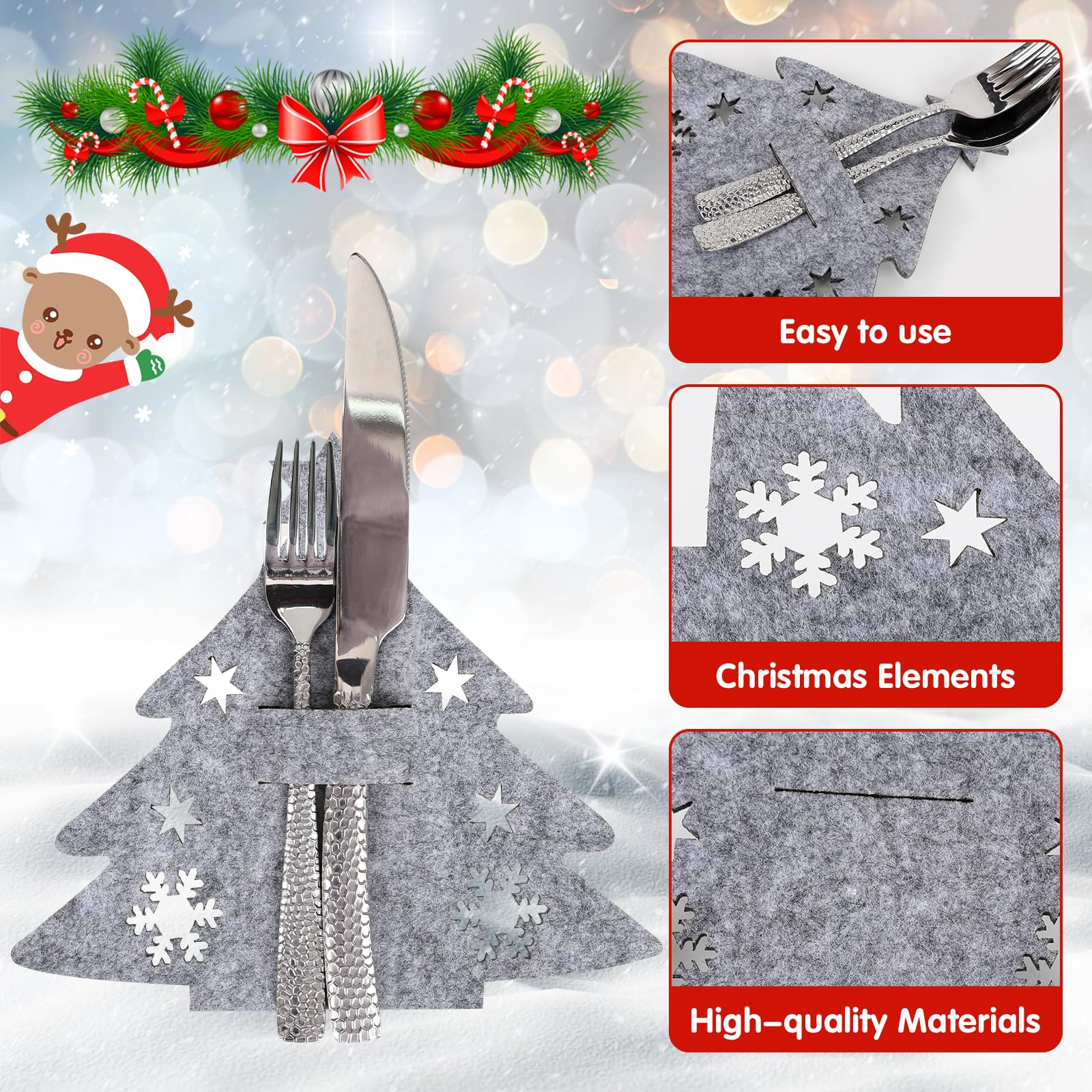 YQBFTC 12 Pezzi Portaposate in Feltro di Natale, Portaposate Albero di Natale, Segnaposto Natalizio, Coltelli Forchette Cucchiai Stoviglie per la Tavola Delle Feste Decor Natalizia