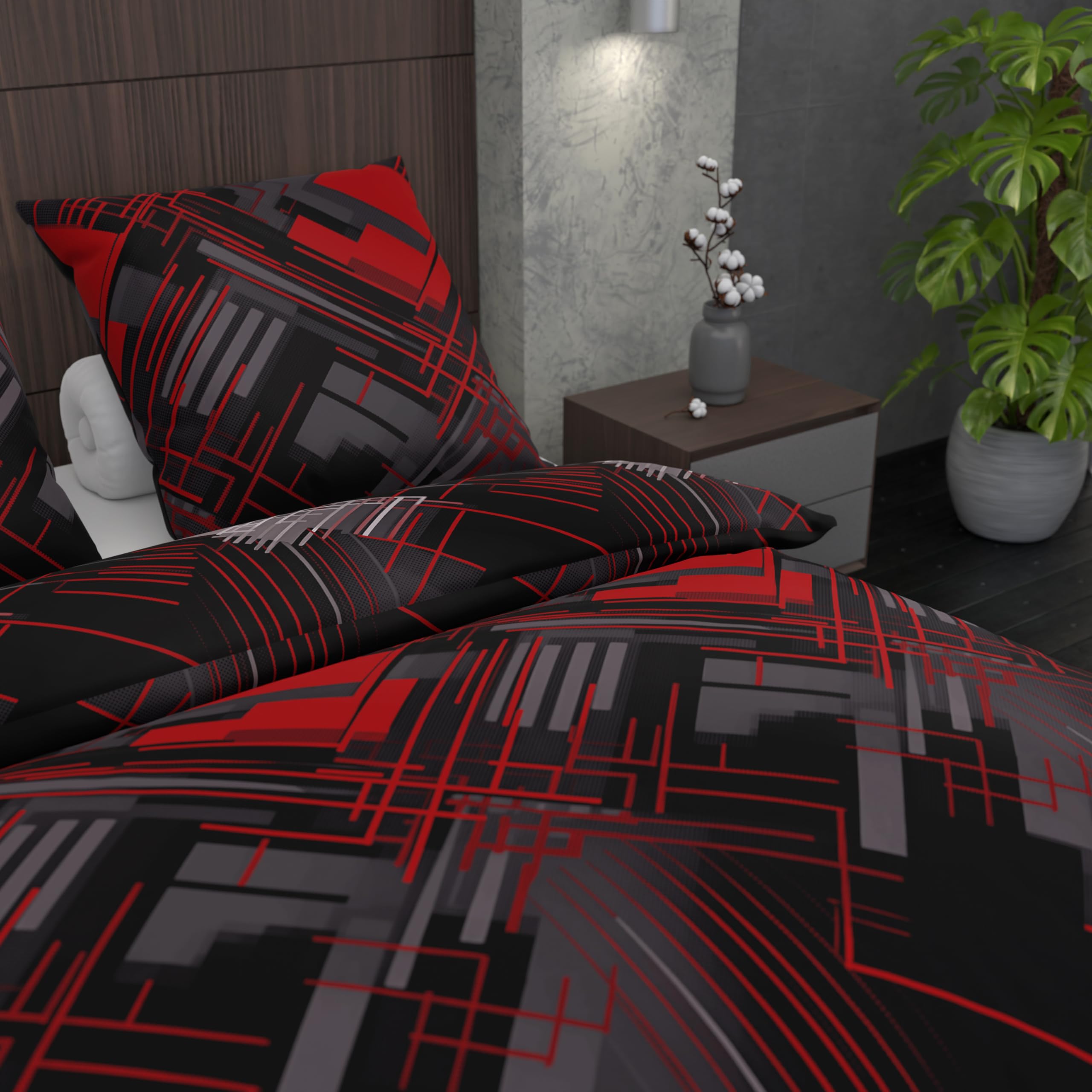 LARAWELL Biancheria da letto 135 x 200 cm, in cotone per tutto l'anno, set di biancheria da letto rosso grigio astratto geometrico Premium